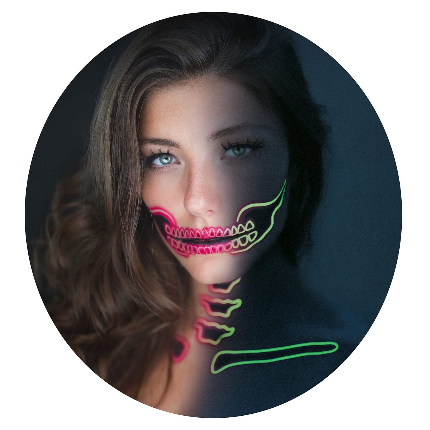 Tattoocrew 2 x Neon Skull Face Pink Temporary Tattoo, Halloween Costume for Women and Men, Adult, Glow in the Dark