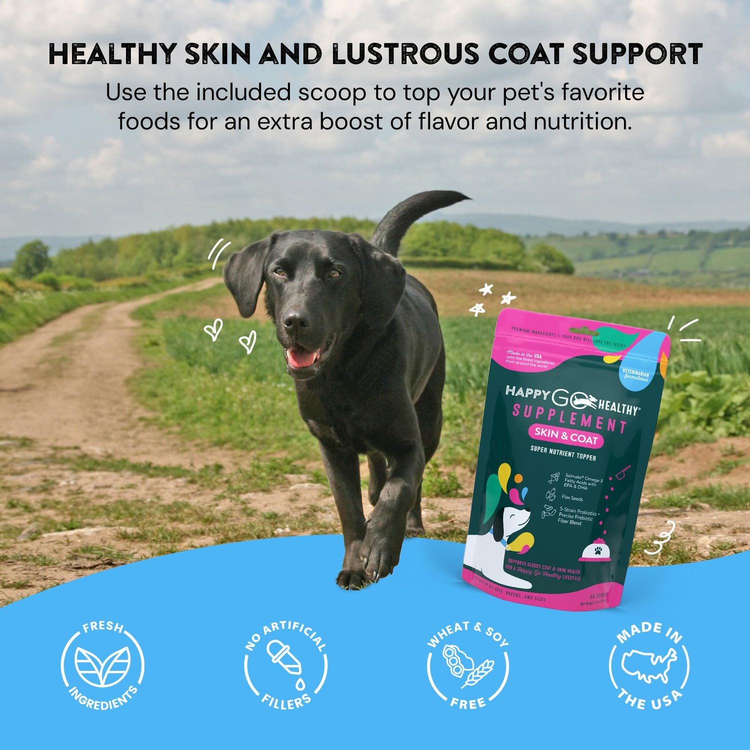 Happy Go Healthy Skin & Coat Supplements for Dogs | Dog Itching Skin Relief & Promotes Shiny Skin Coat for Dogs | Rich in Omega 3 All-Natural Ingredients Tasty Kibble Dog Food Topper | 60 Count Pack