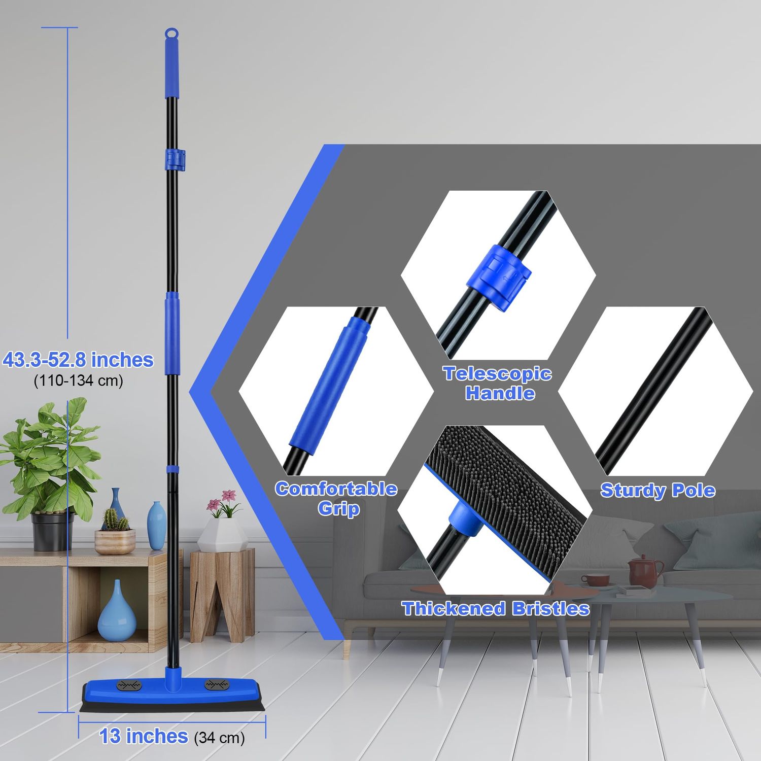 Dolanx Rubber Broom Carpet Brush with Squeegee, Pet Hair Remover with 52.8 inches Long Handle, Detailing Lint Fur Removal Tool, Silicone Rug Rake for Cleaning Hardwood Floor, Tile, Window (Blue)