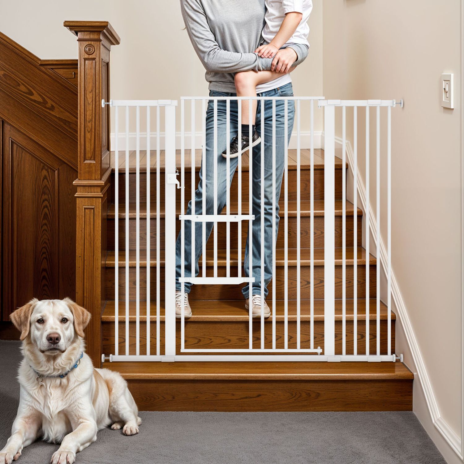 No Tool Assembly Staircase Dog Gate 29,5"-48,5" Hallway Pet Door w/ Smaller Door