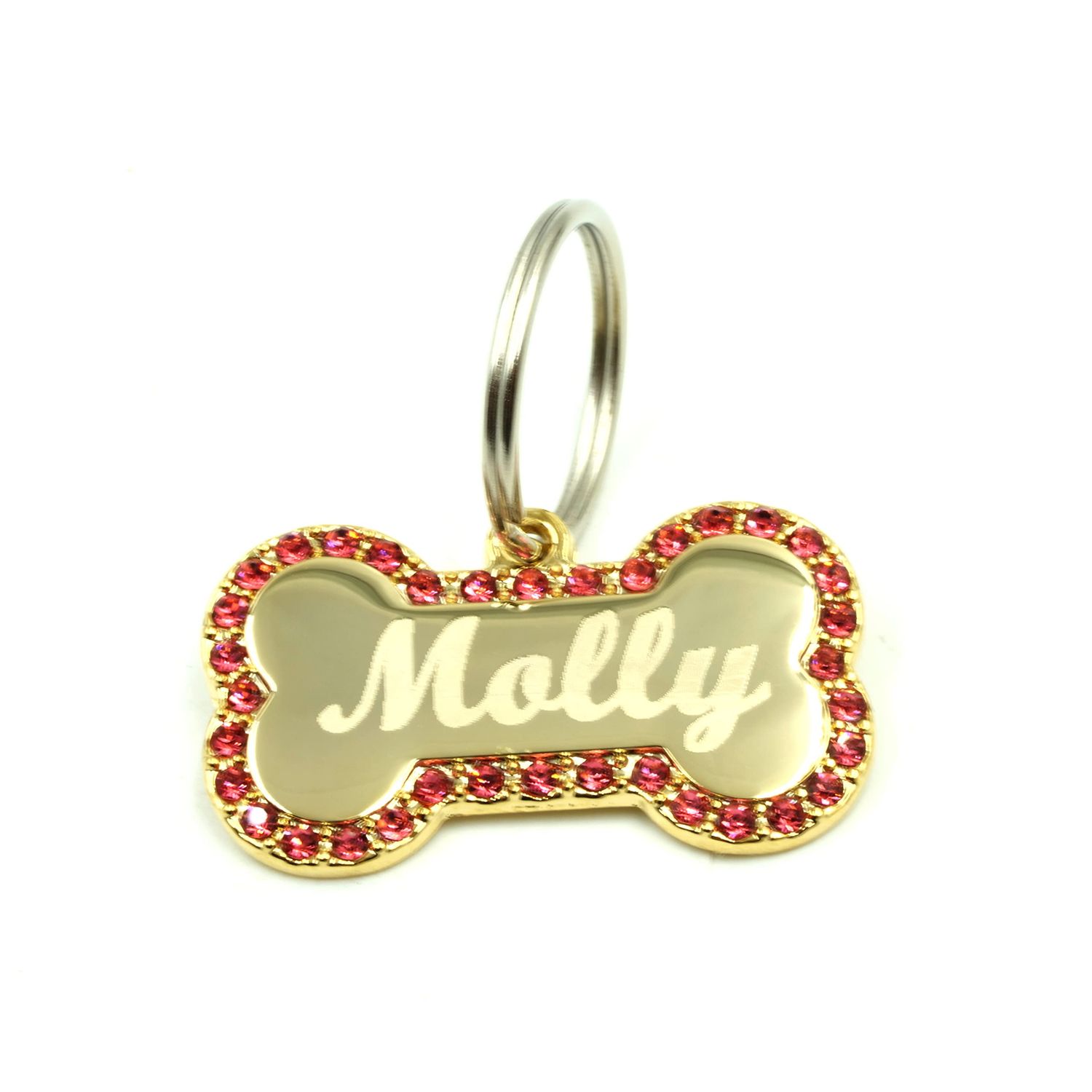 Custom Engraved Personalized Gold-Plated Bone Shape Pink Rhinestones Pet Jewelry Cat Dog ID Tag for Casual Use