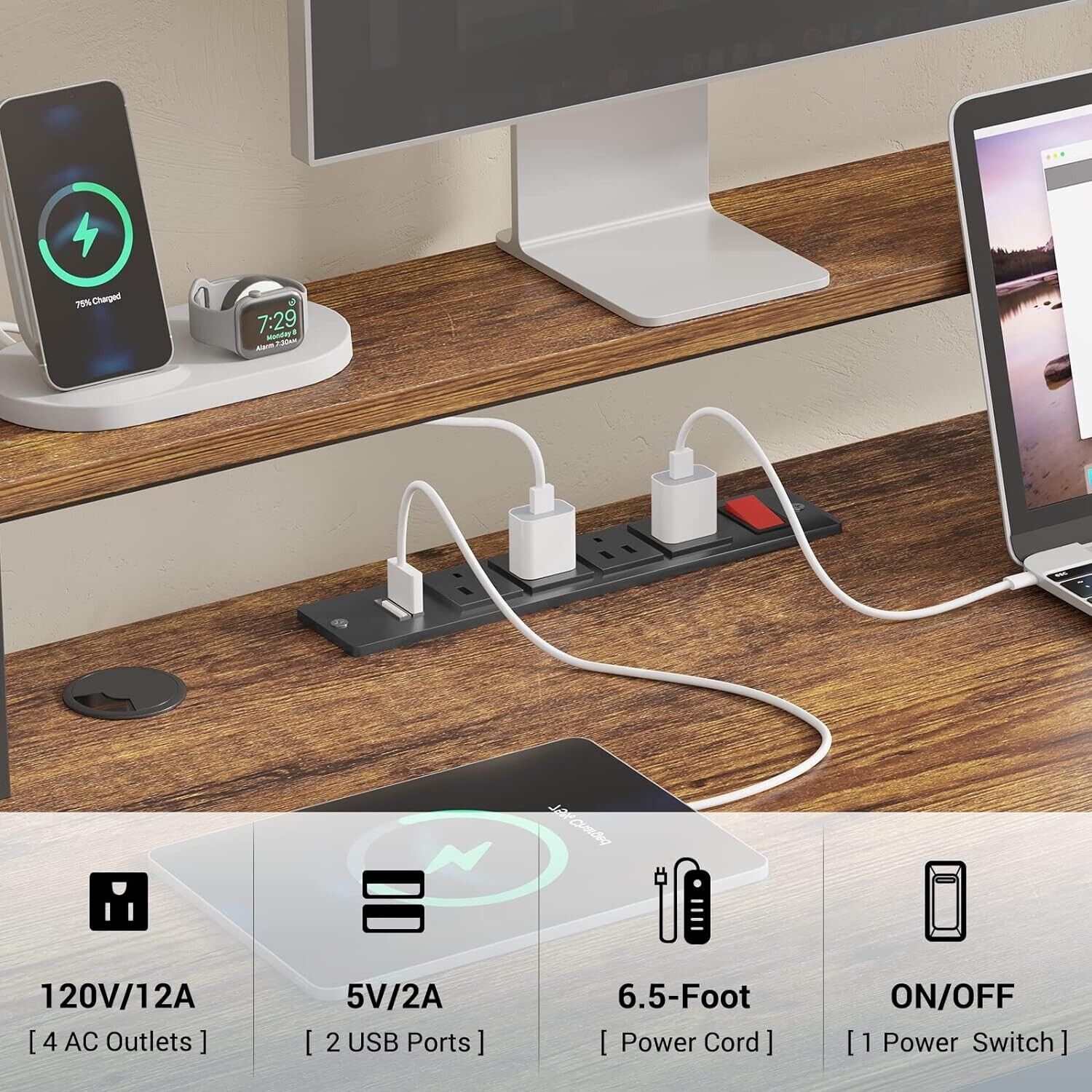 L Shaped Computer Desk with Led Light, 66" Home Office Desk with Power Outlet