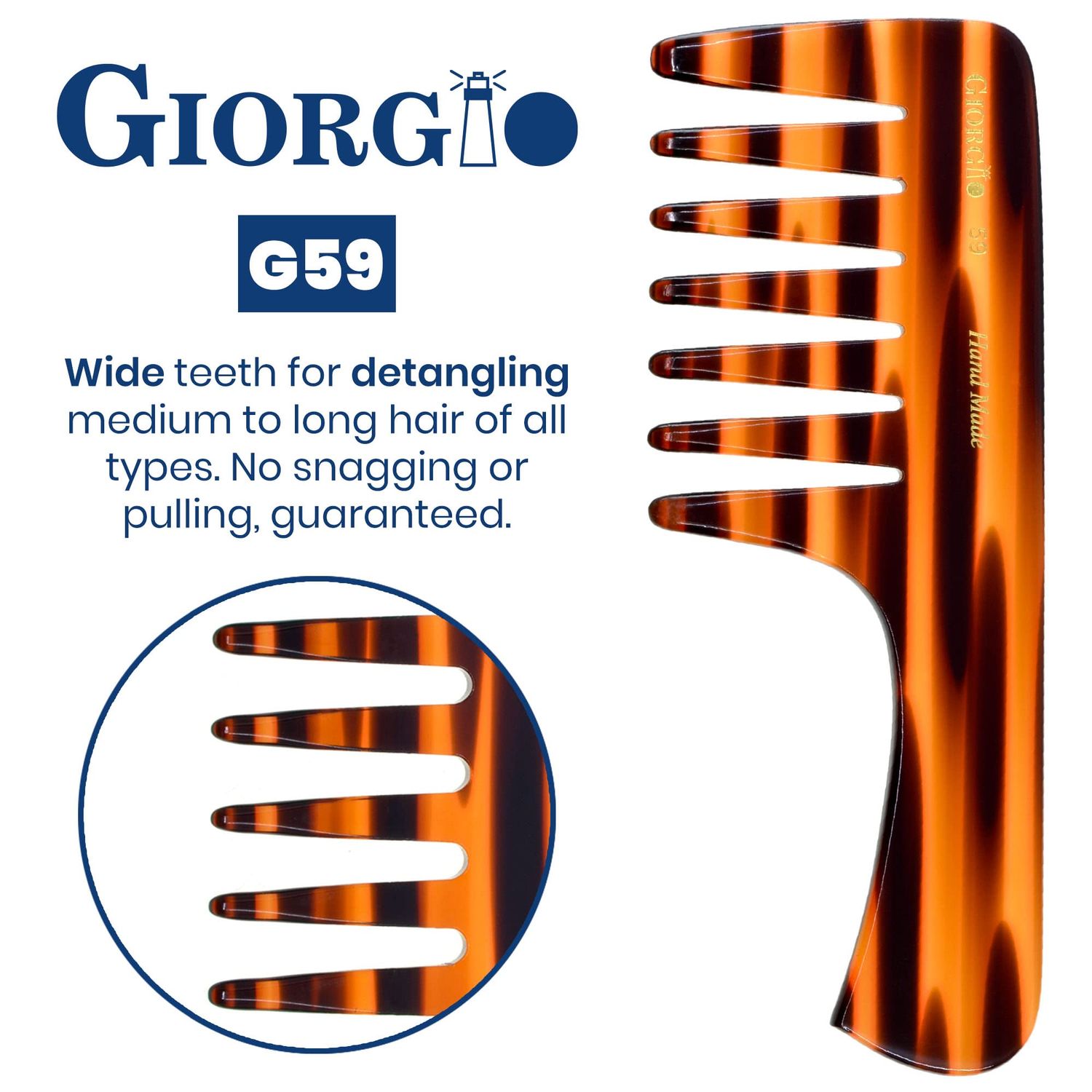 Giorgio G59 Extra Wide Tooth Detangler Comb (6.5") Large Tooth Comb with Handle for Thick, Wavy, or Curly Hair. Travel Hair Comb for dry or Wet Hair, Handmade Wet Comb Saw-Cut and Hand Polished