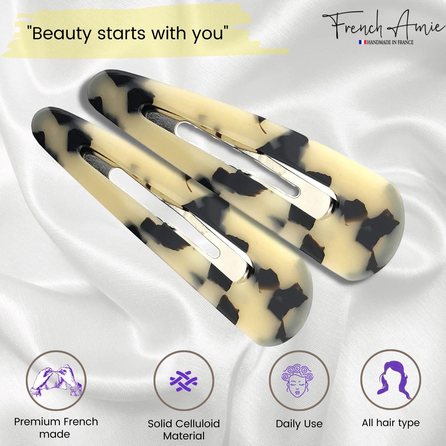 French Amie Clic Clac White Tokyo Large Handmade Celluloid Set of 2 French Snap Clip Barrette Hair Slides Women Strong Hold No Slip Side Slide-in Girls Women Hair Accessories, Made in France