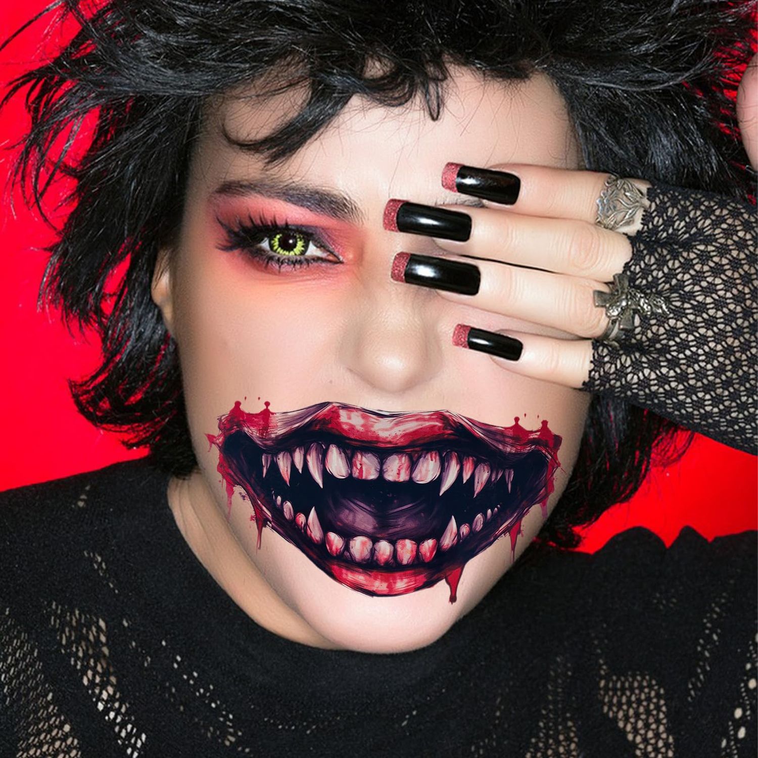 Buouo Halloween Prank Makeup Temporary Tattoo, 12pcs Clown Horror Mouth Fake Tattoo Stickers for Adults Kids, Halloween Costumes Tattoos Decals Kits Prank Props for Halloween Cosplay Party Style B