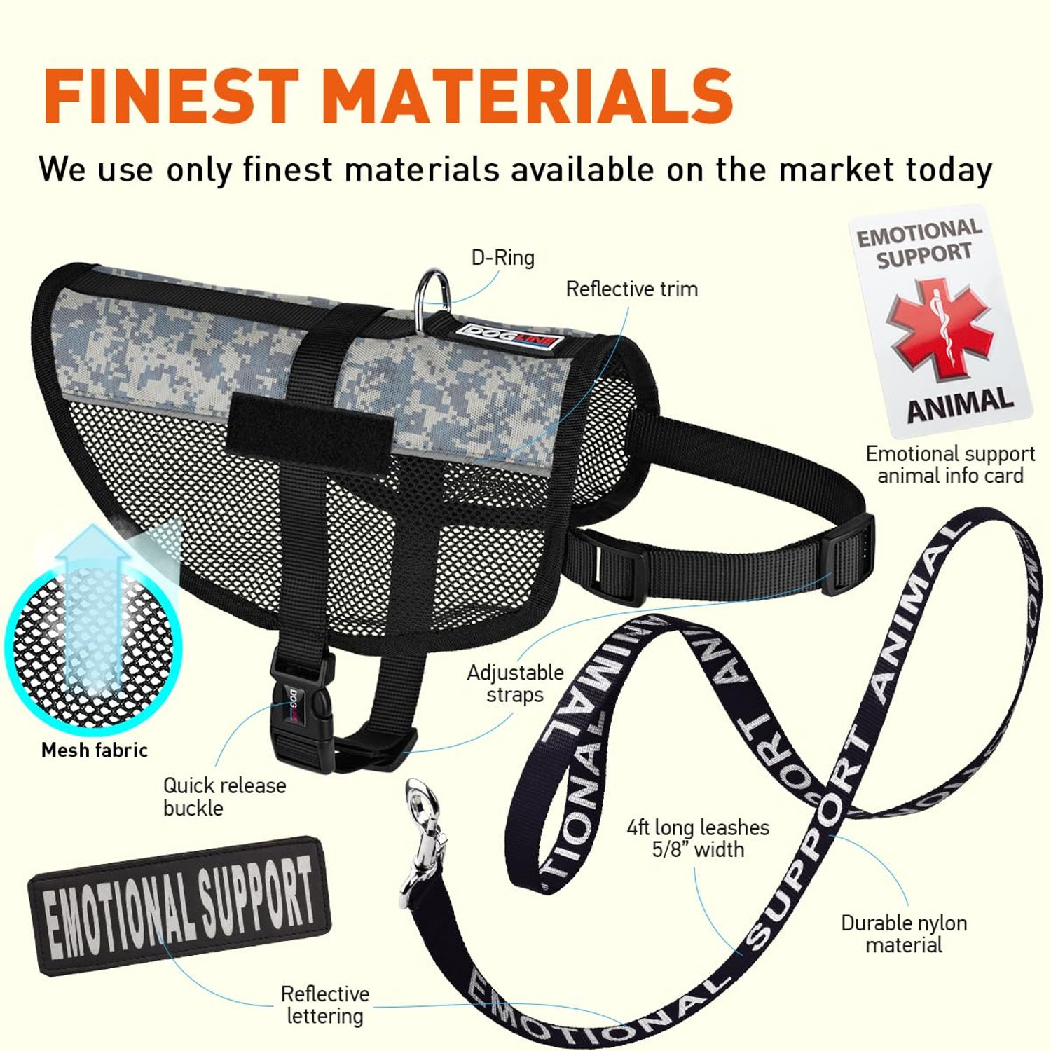 Dogline Emotional Support Dog Vest Bundle with Adjustable Service Dog Vest Harness, Reflective Emotional Support and ESA Patches, Emotional Support Leash, Emotional Support Animal ID Card