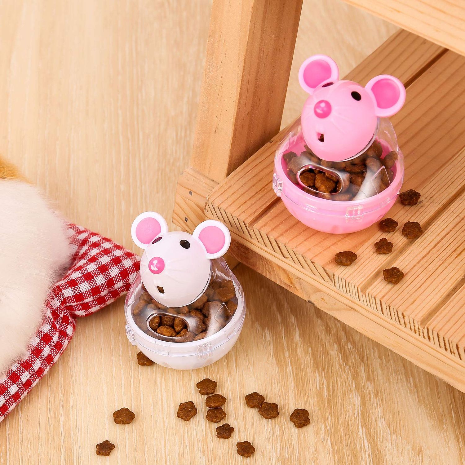 PORTOWN 4 Pcs Cat Food Ball Dispenser, Small Cat Food Balls Slow Feeder Mice Shaped Tumbler Cat Food Toy Cat Treat Toy Feeder Toy for Interactive Training(Pink,White)