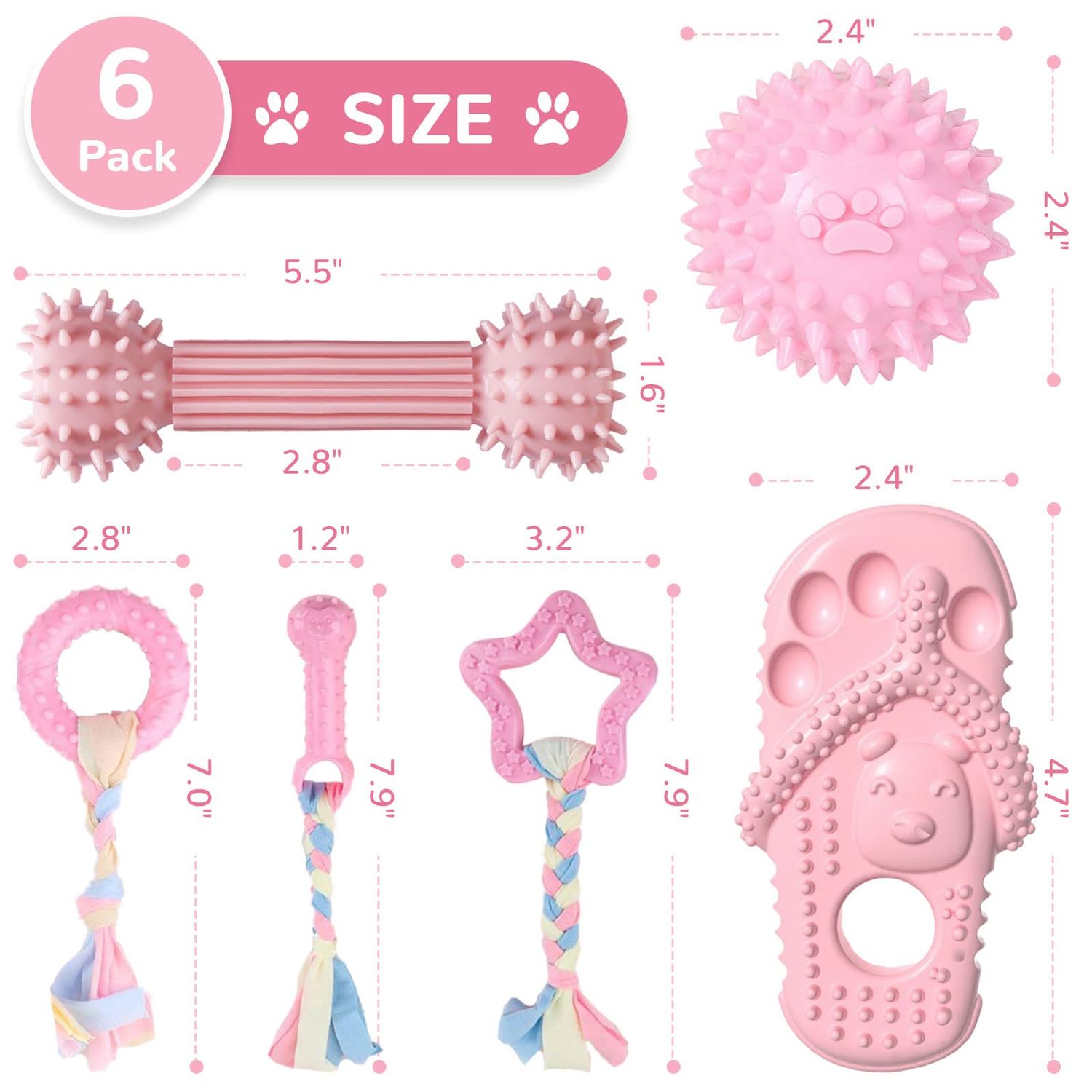 TENGZHI 6 Pack Dog Toys for Small Dog Pink Soft Rubber Puppy Toys for Teething Funny Slippers Ball Donut Interactive Set for Small Dog Teething Toys Pet Puppy Toys Set