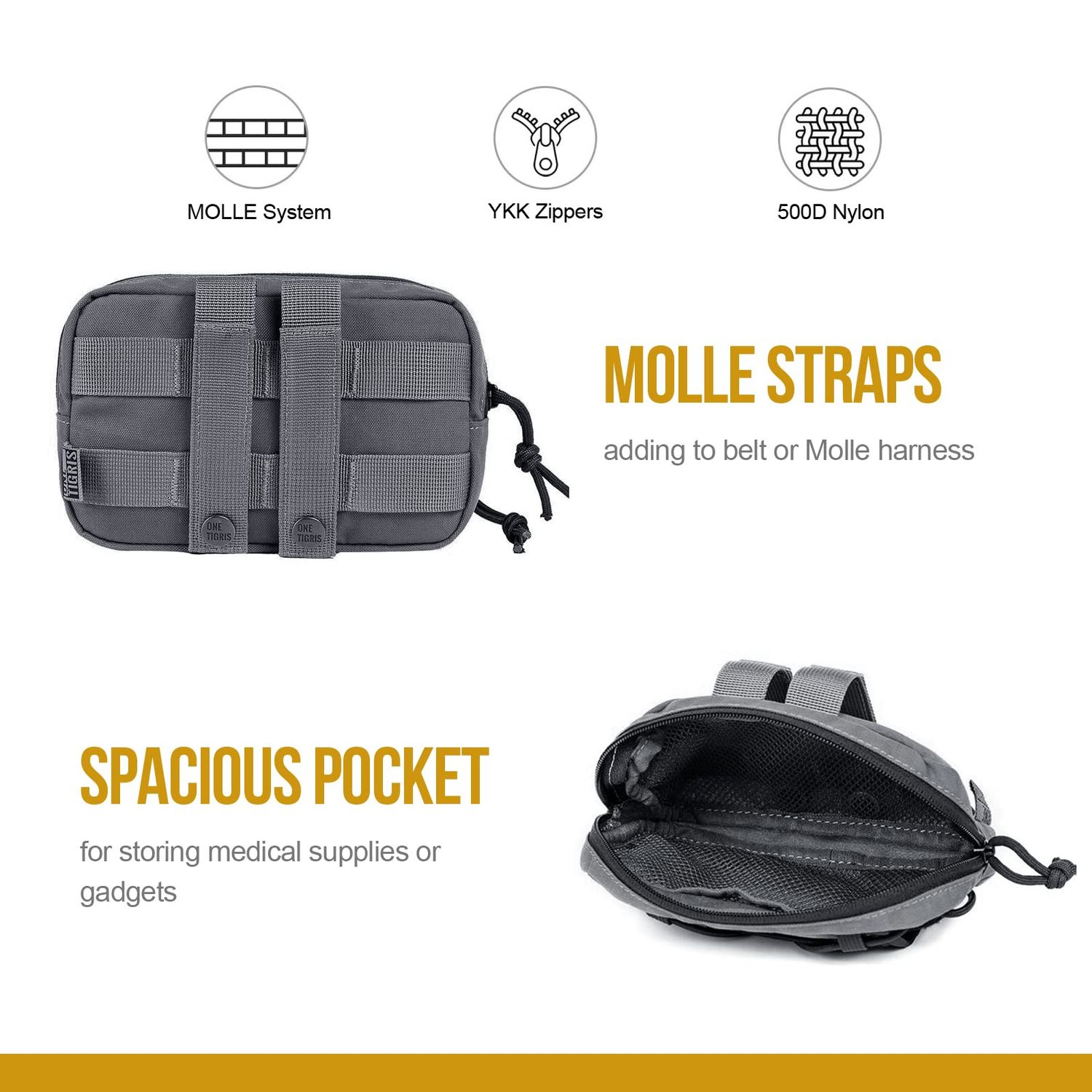 OneTigris Service Dog Vest Harness Saddle Bag Backpack Pouch, Emotional Support, Service Dog in Training,EDC Horizontal MOLLE Pouch for Tool Treat Med(Grey-2 Pack)