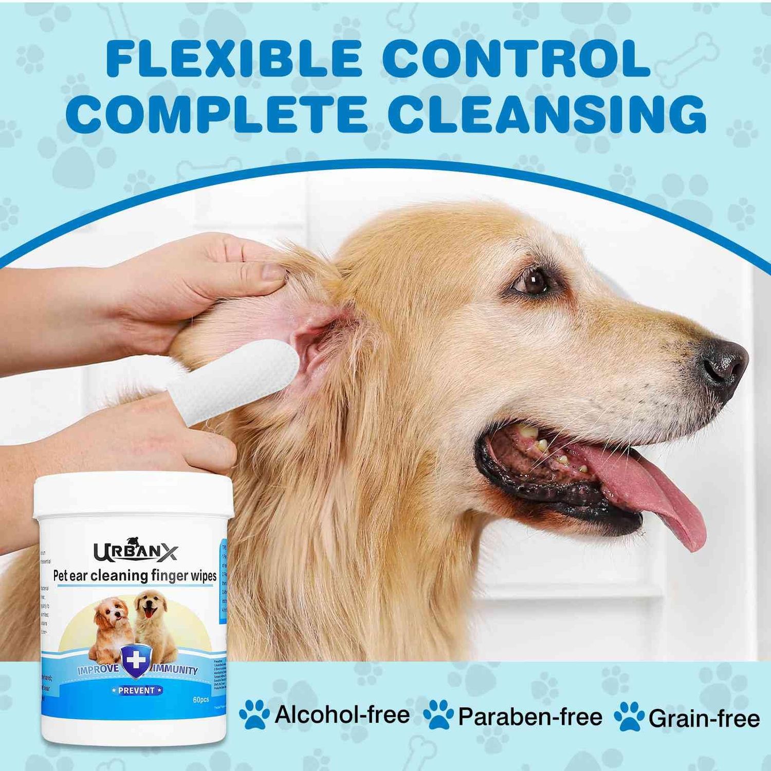 UrbanX PET Ear Finger Wipes for Irish Water Spaniel and Other Sporting Dogs Ear Cleaner, Ear Wipes for Dogs - Remove Ear Wax - Soothes & Deodorizes, Relieves Ear - 50 Count