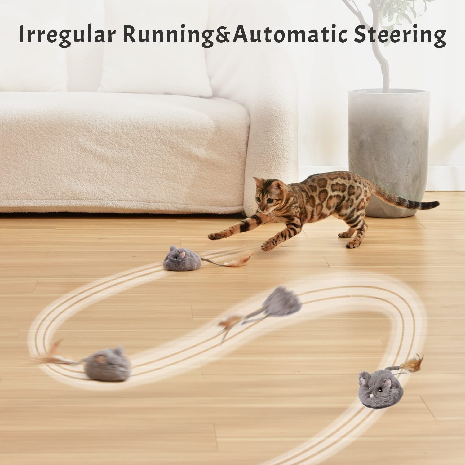 Pawthquake Automatic Cat Toy Cat Mouse Toy Moving Cat Toy with Furry Tail Boredom Busters Interactive Cat Toys for Indoor Cats Hunting Cat Mice Toys (Grey)