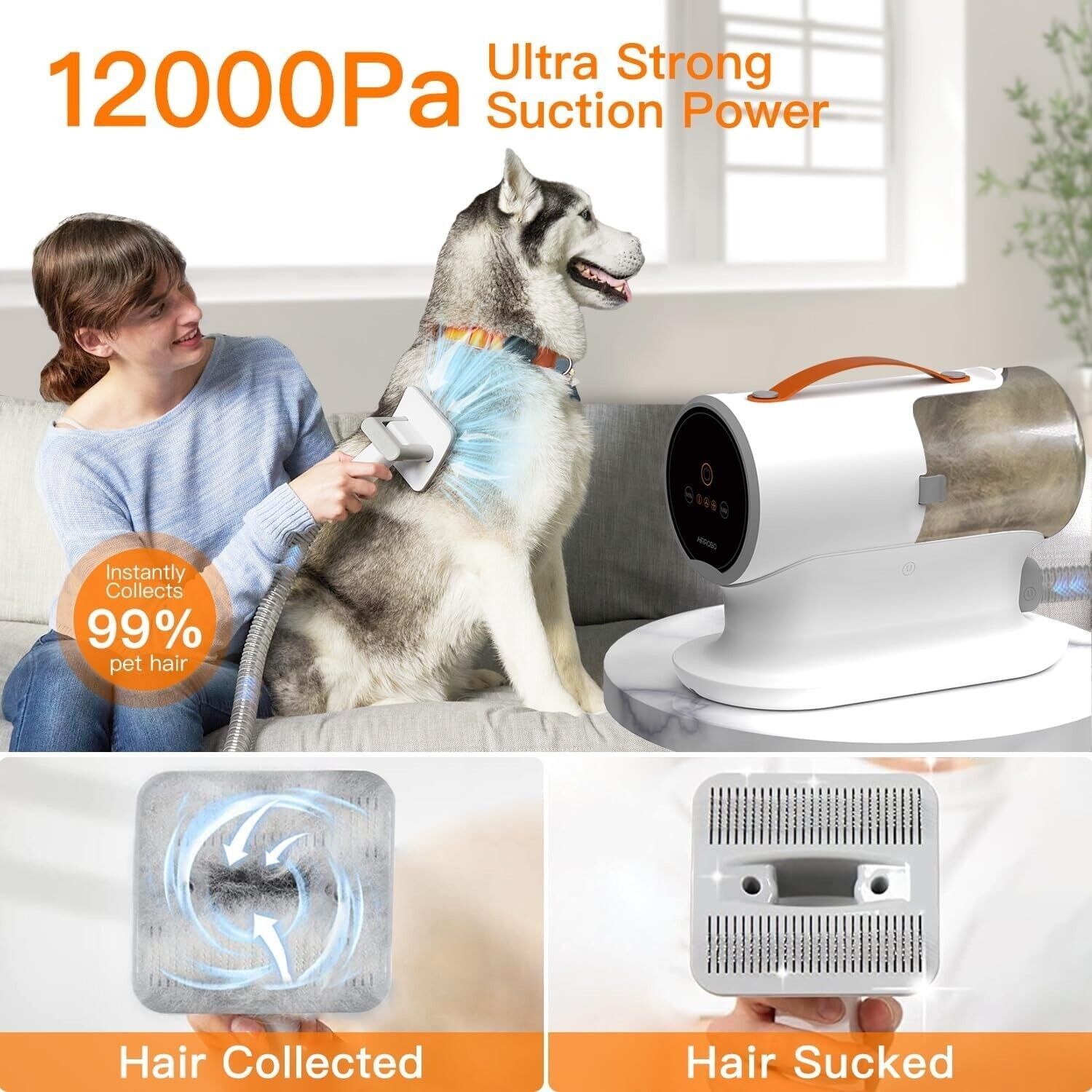 12000Pa Dog & Cat Pet Grooming Kit & Vacuum 2L Large Capacity + 5 Clipper Tools