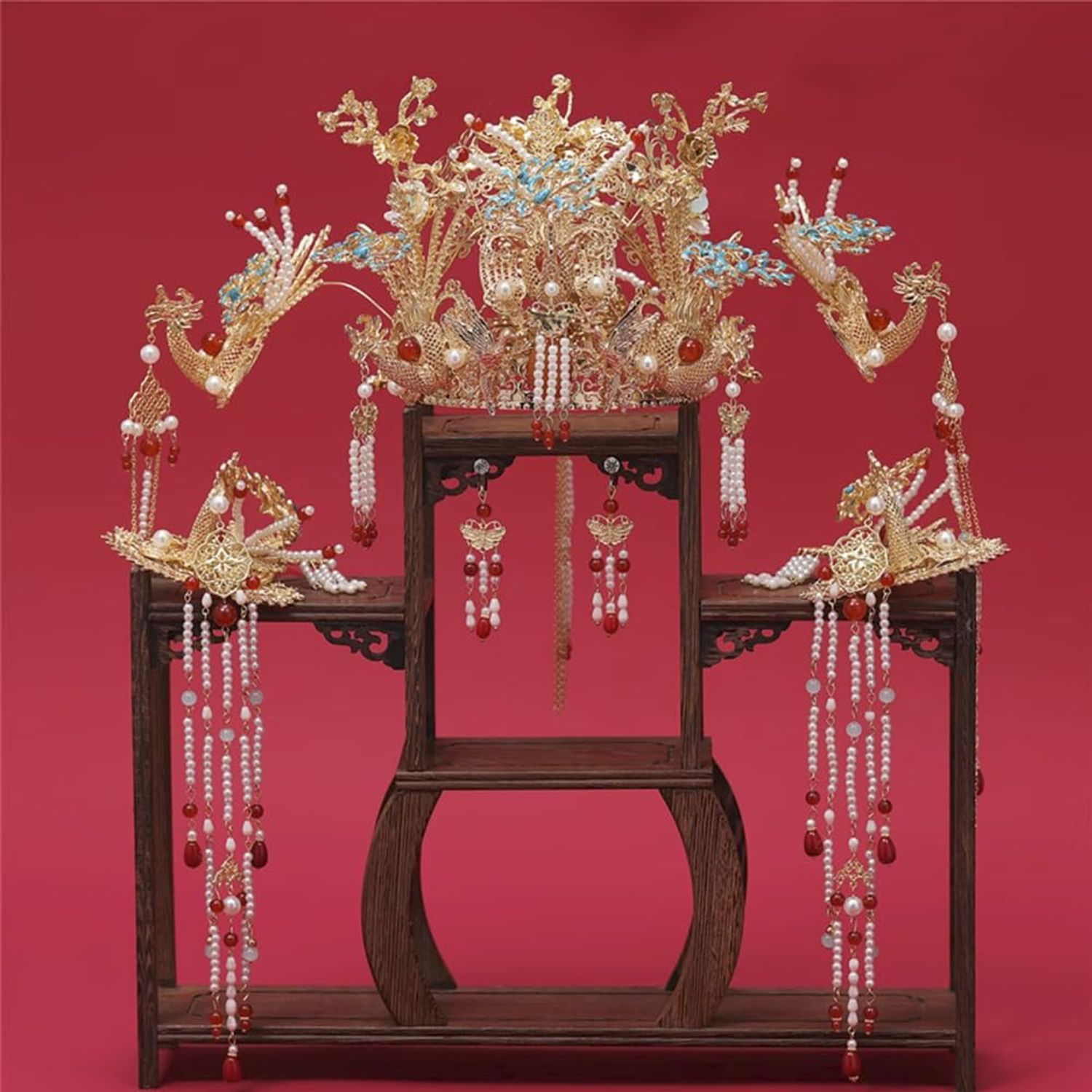 Getrelax Chinese Wedding Bride Hair Accessory Chinese Crown Wedding Hair Accessories Golden Flower Floral Beaded Flapper Headband Jeweled Bridal Wedding Tiara (Phoenix)
