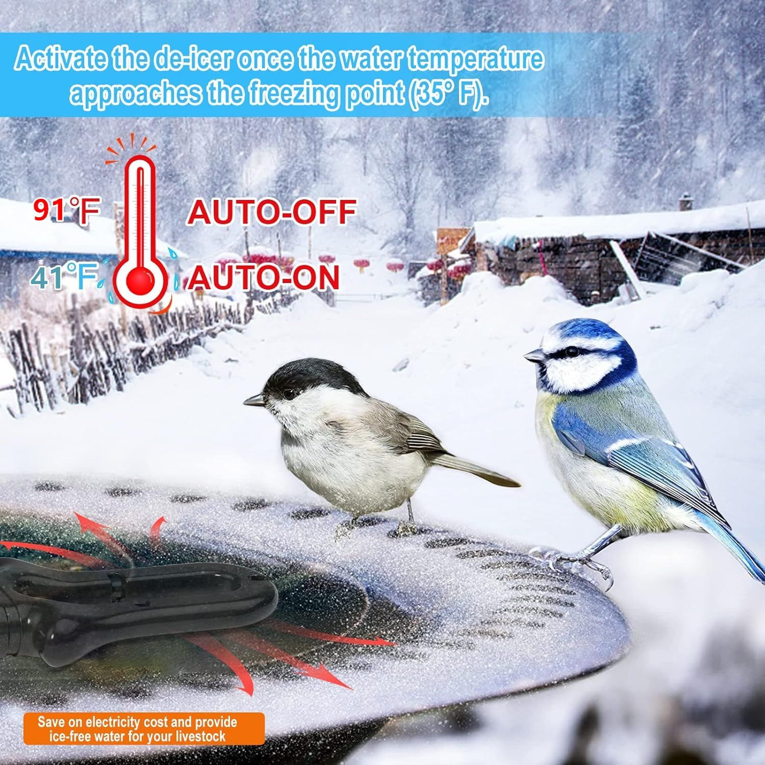 KNEOYR 500W De-icer Submergible Bird Bath Heater Aluminum Cast for Livestock Poultry Horses, Cows, Birds, Wildlife Drinking Indoor Outdoors in Winter with 9.8 Foot Cord Birdbath Water Heater
