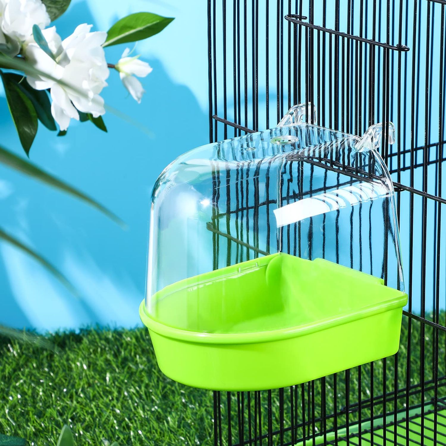3 Pieces Clear Bird Bath for Cage Parakeet Bird Cage Accessories Hanging Bath Box Parrot Bathing Tub with Clear View for Cockatiel Conure Canary Budgies Parrots Blue Green White