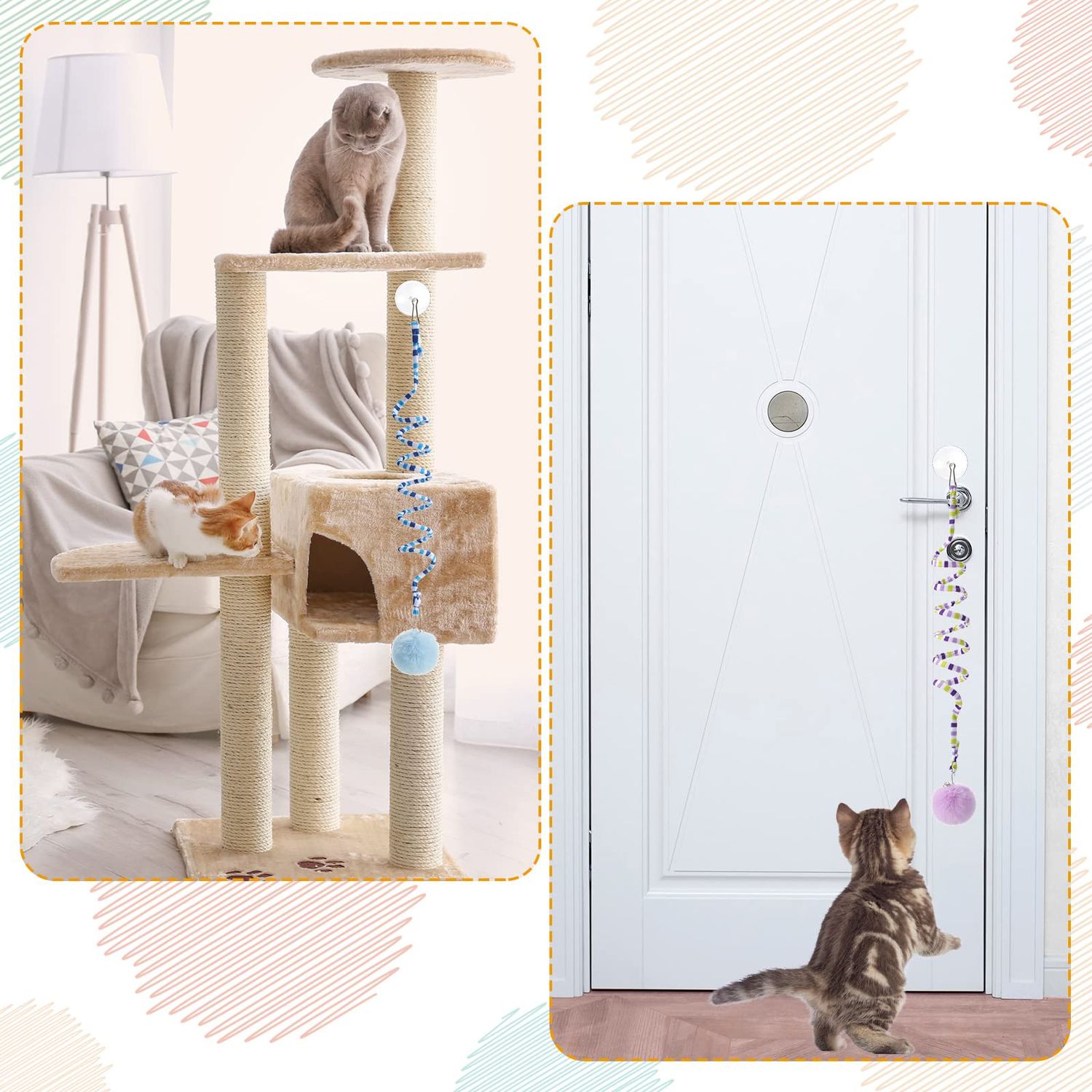 Woanger 4 Pcs Cat Spring Toys Hanging Cat Toy Hanging Door Interactive Cat Toys Cat Ball Toys with Bell Long Tail Stretchable Soft Plush Cat Teaser Toy for Kitten Chase Play and Kill Time, Gradient