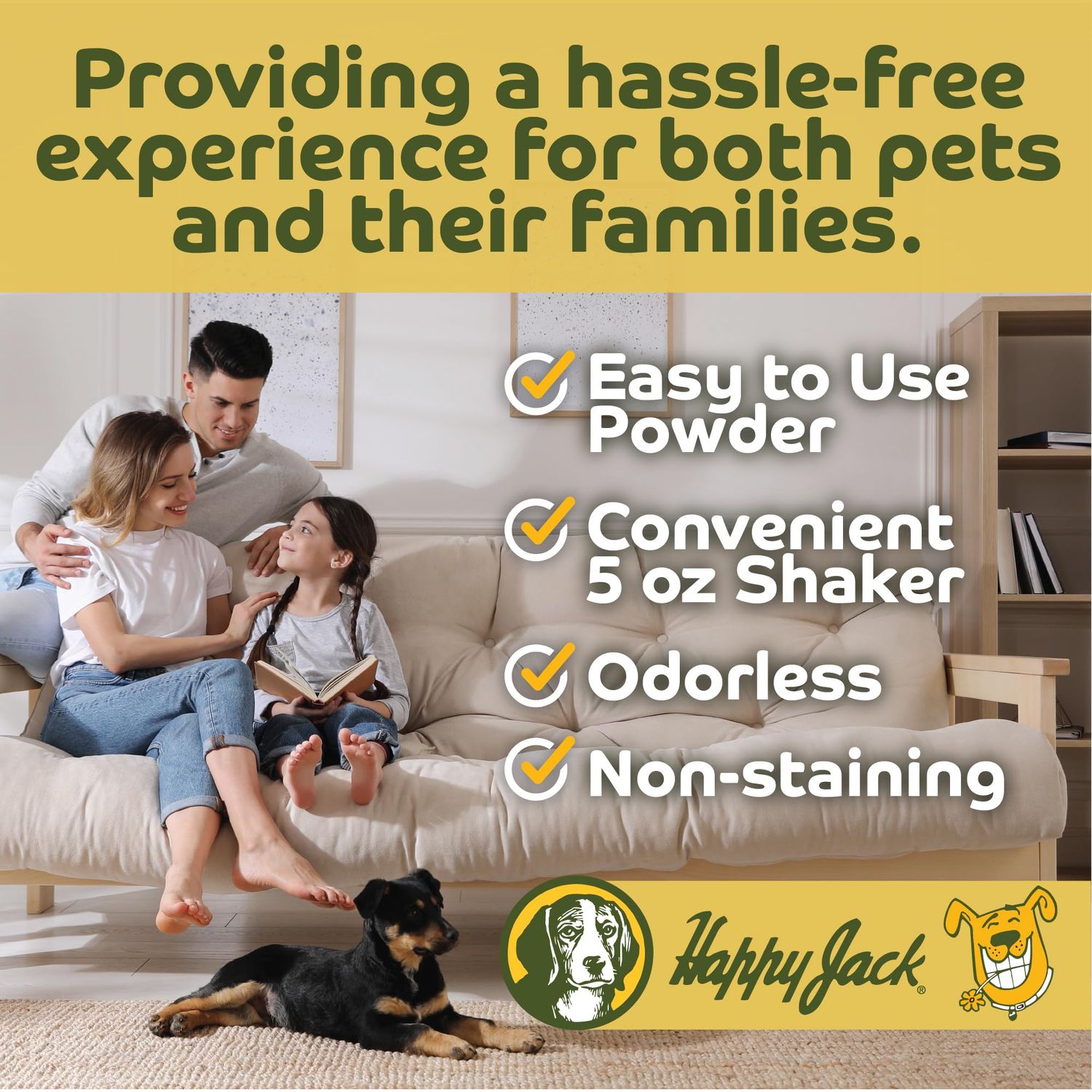 Happy Jack Flea and Tick Powder for Dogs & Puppies, Flea Powder for Carpets, Treatment & Control, Kills Pests, Ticks & Lice, Odorless & Non-Staining, Dust on Sleeping Quarters & Furniture (5 oz)