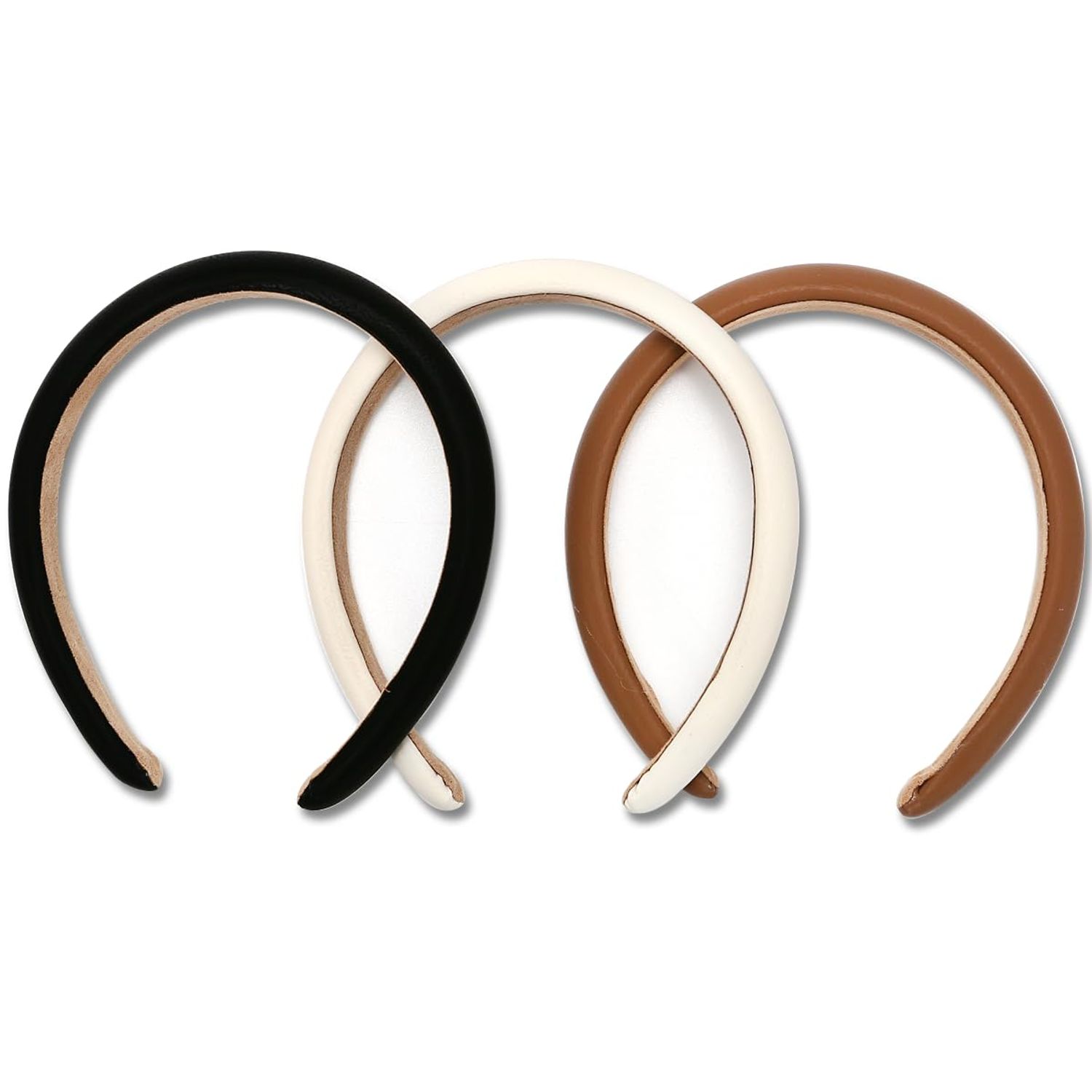 NARUNING 3 Pcs Padded Headbands for Women, Solid Color Leather Hair Band, Headhoop, Fashion Headwear, Girls Women Hair Accessories (Black/Brown/White)