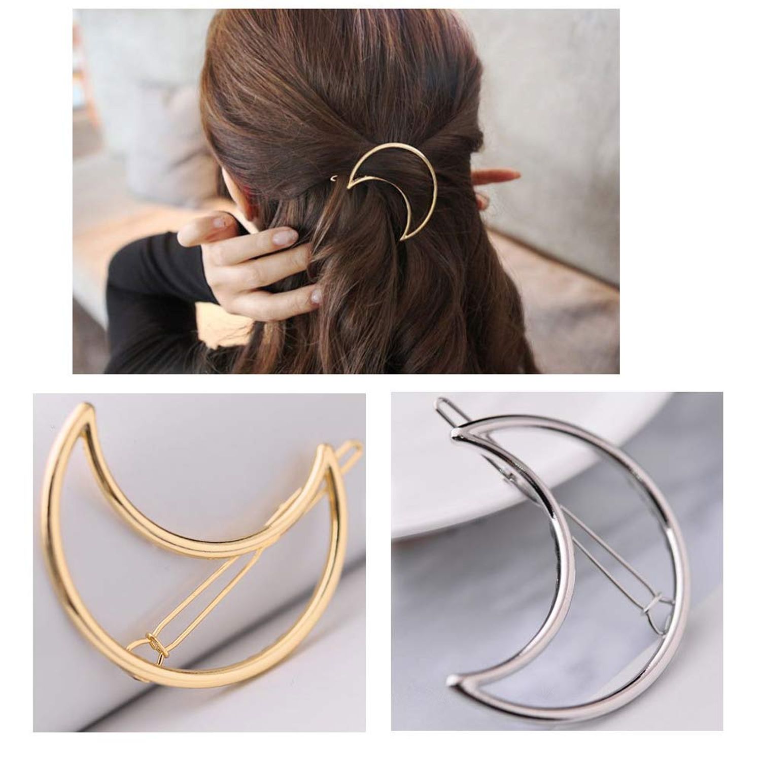 AKOAK Hollow Hoop Crescent Moon Shape Geometric Metal Hair Clip Bobby Pin Ponytail Holder Hair Accessories for Women and Girl (2 Pcs/Lot,1 Gold & 1 Silver)