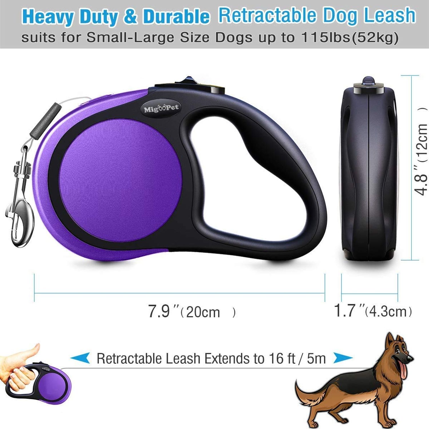 Heavy Duty Retractable Dog Leash-16ft Strong & Durable Walking Leash for S to L Dogs up to 45/115 lbs, Upgraded Lock System, Non Slip Grip, Tangle Free (Medium-Large Sized Dogs, Purple)