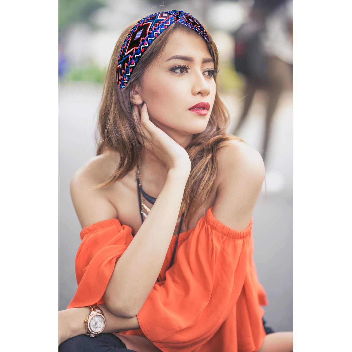 OUTVIE Boho Ethnic Wind Knotted Headbands Handmade Embroidered Blue Headbands Non-slip Elastic Vacation Headband for Women