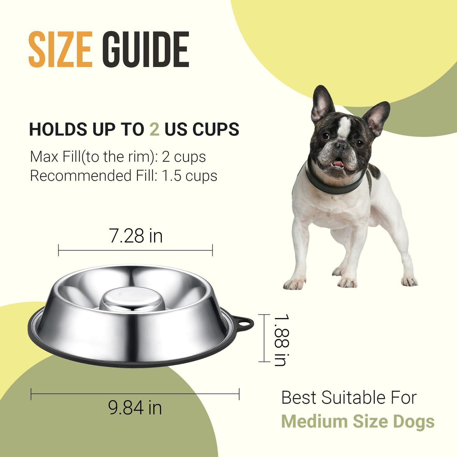 PEGGY11 Stainless Steel Slow Feeder Dog Bowl - Holds 2 Cup, for Medium Size Dogs