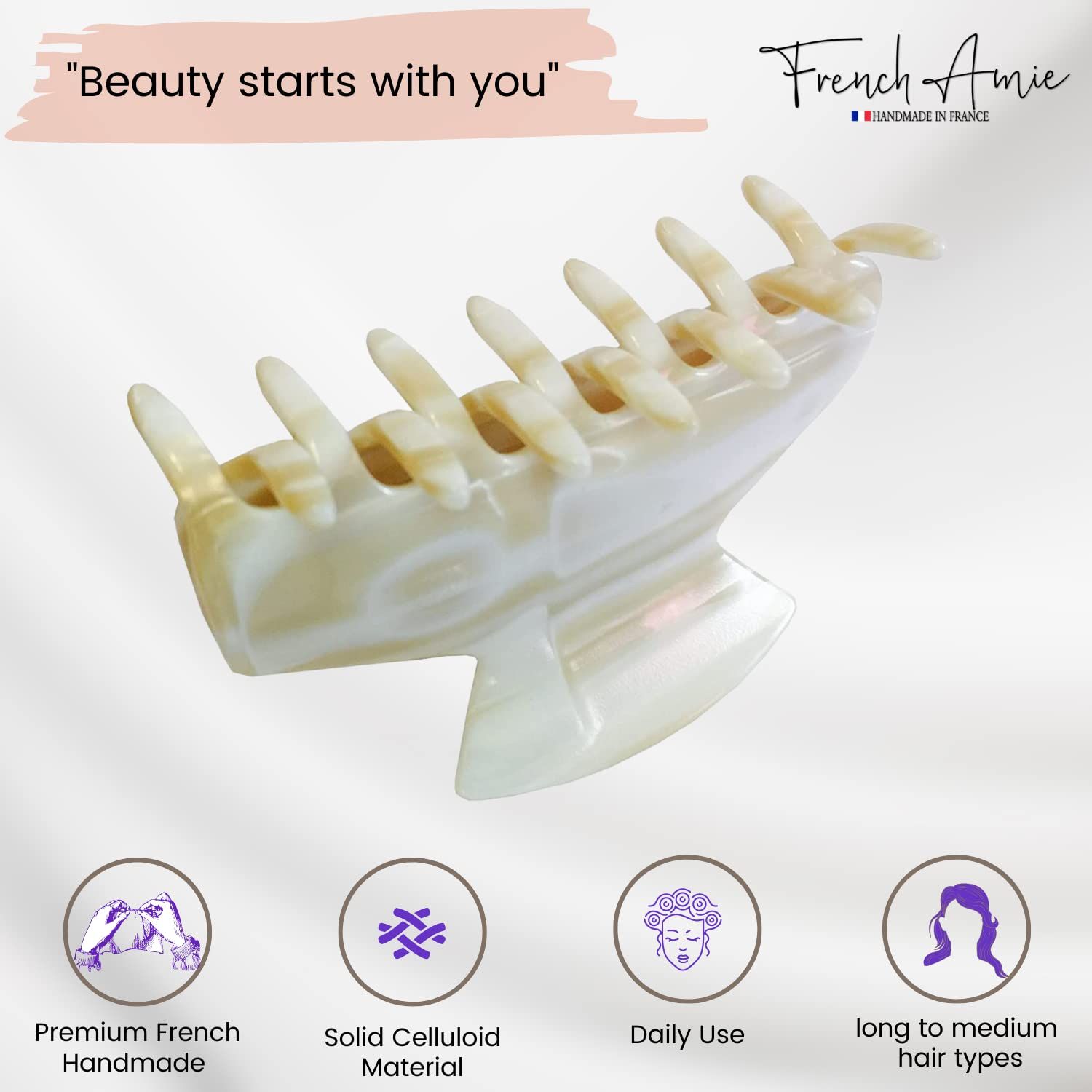 French Amie Chic Ivory Handmade Celluloid Large 3" Jaw Hair Claw Clip Clamp Clutcher Fashion Durable and Styling Hair Accessories for Women Strong Hold No Slip Grip, Made in France