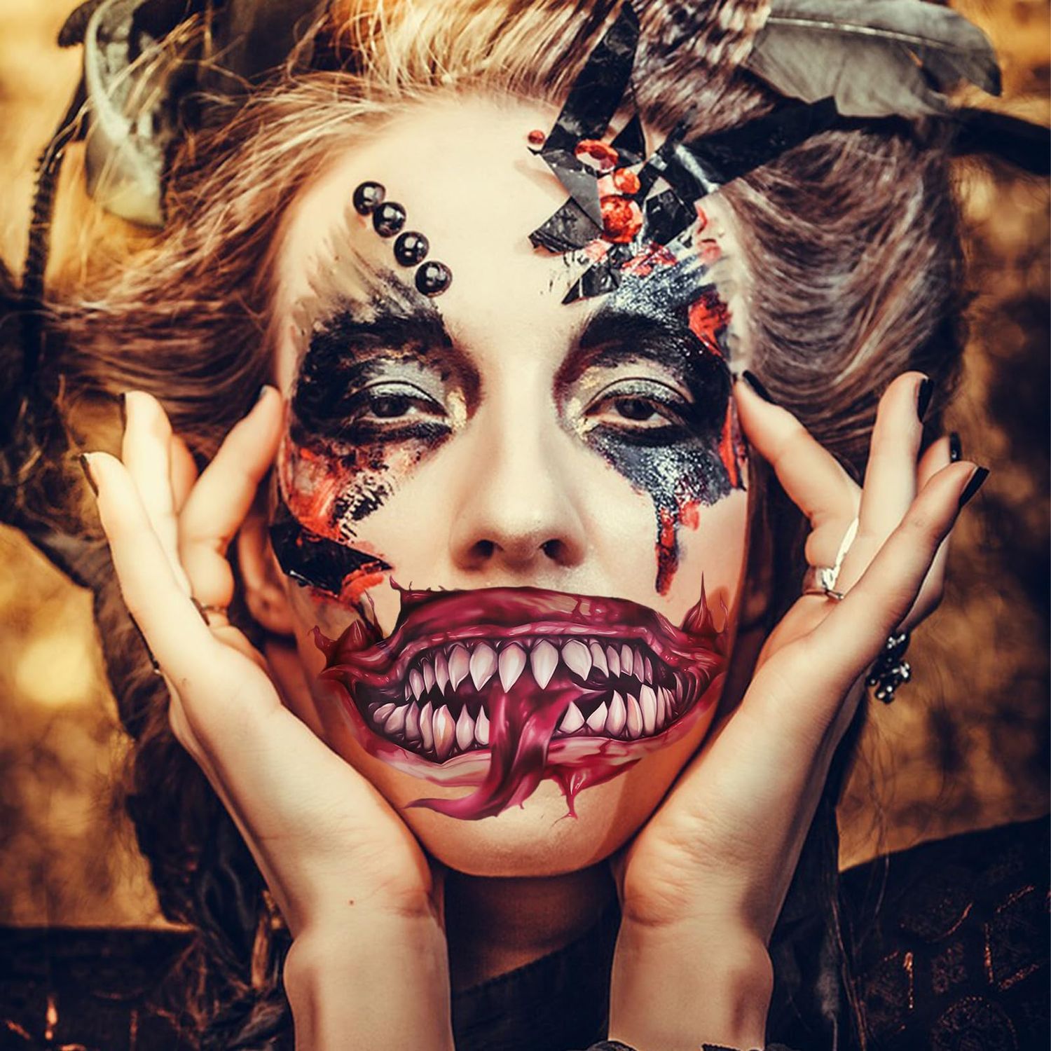 Buouo Halloween Prank Makeup Temporary Tattoo, 12pcs Clown Horror Mouth Fake Tattoo Stickers for Adults Kids, Halloween Costumes Tattoos Decals Kits Prank Props for Halloween Cosplay Party Style B