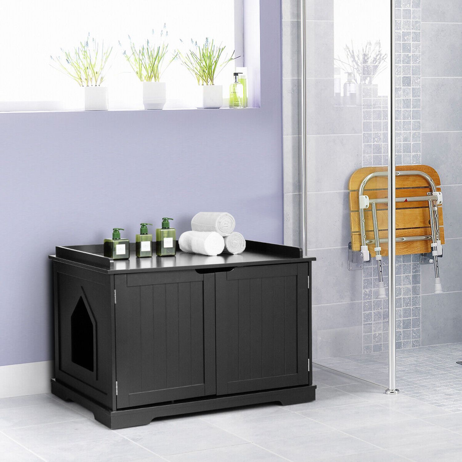 Costway Cat Litter Box Wooden Enclosure Pet House Washroom Storage Bench Black