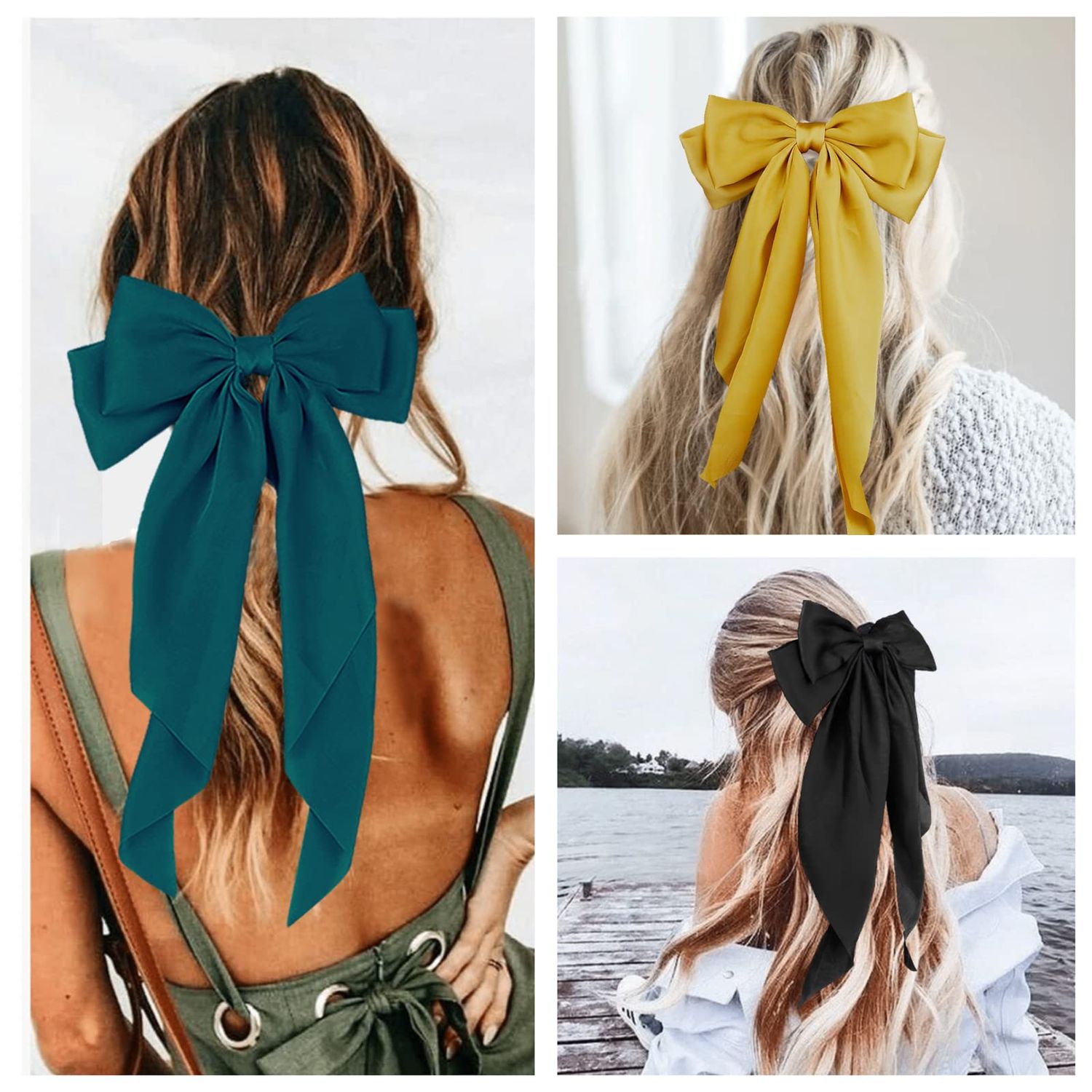 Large Satin Layered Hair Bows Hair Barrettes Clip Long Ribbon Bows Silky Bowknot with long Tail French Style Hair Accessories for Women Girls, 5 Colors