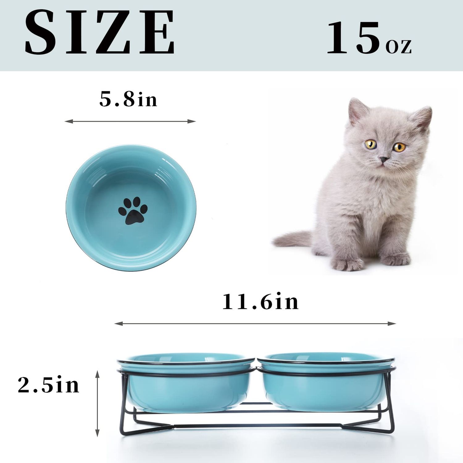 GDCZ Ceramics Raised Cat Small Dog Bowls with Heighten Metal Stand for Pet Food 15 Ounces, Turquoise