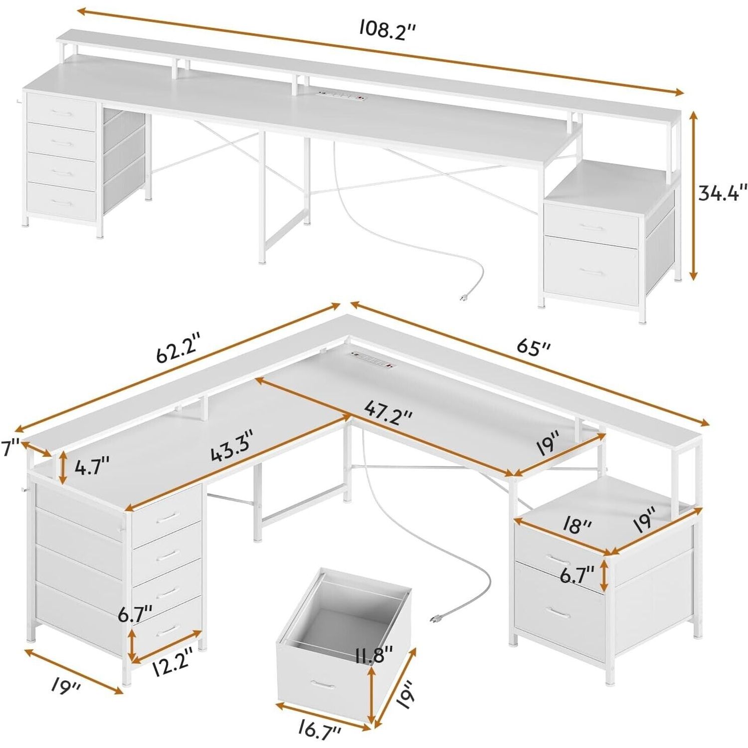 L Shaped Desk with 6 Drawers &Monitor Shelf, Gaming Desk with Led Lights (White)