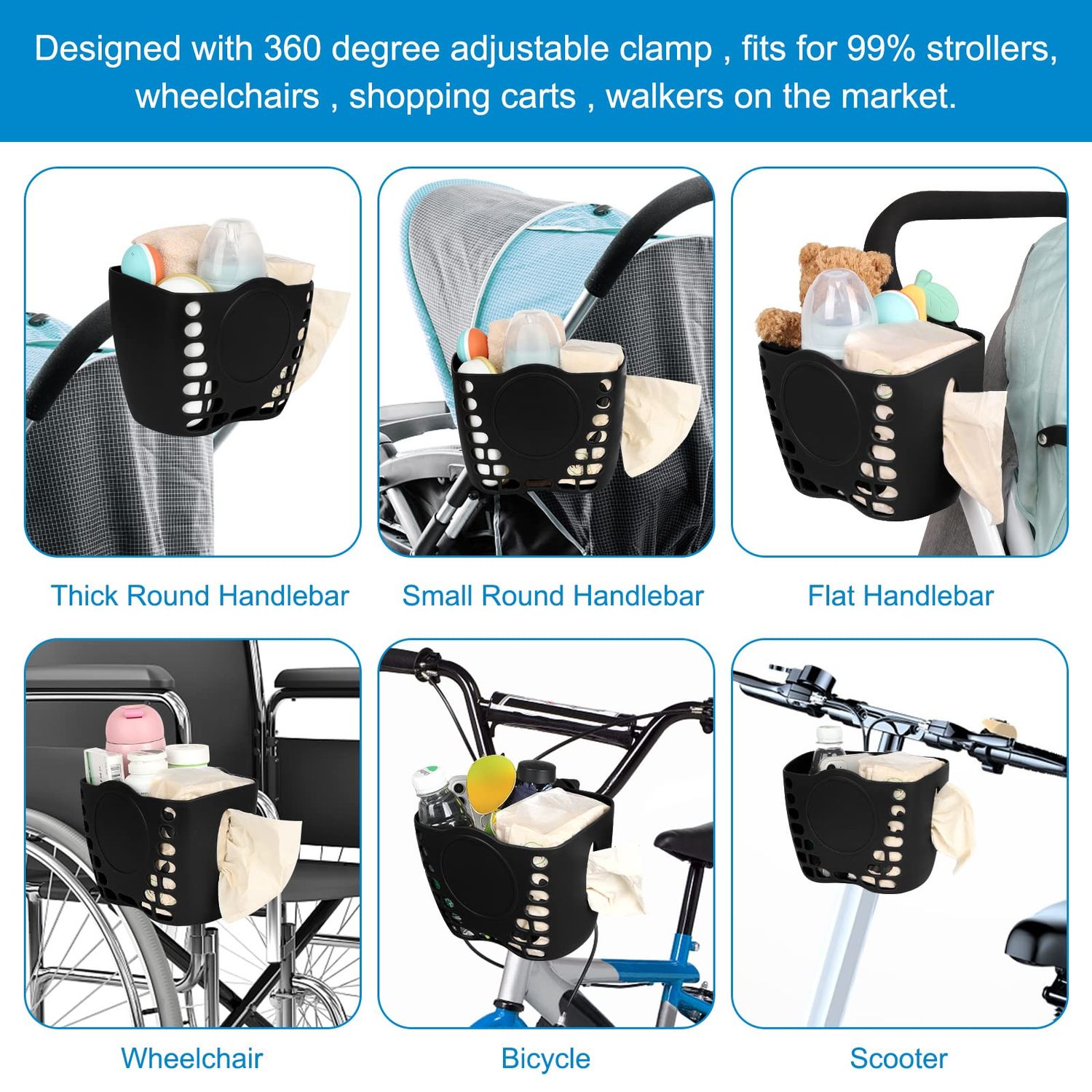 Accmor Universal Stroller Organizer Basket, Clip On Stroller Cup Holder Organizer Tray, Stroller Organizer Basket Accessory Fits for Uppababy, Nuna Doona, Baby Jogger, Britax, Pet Strollers