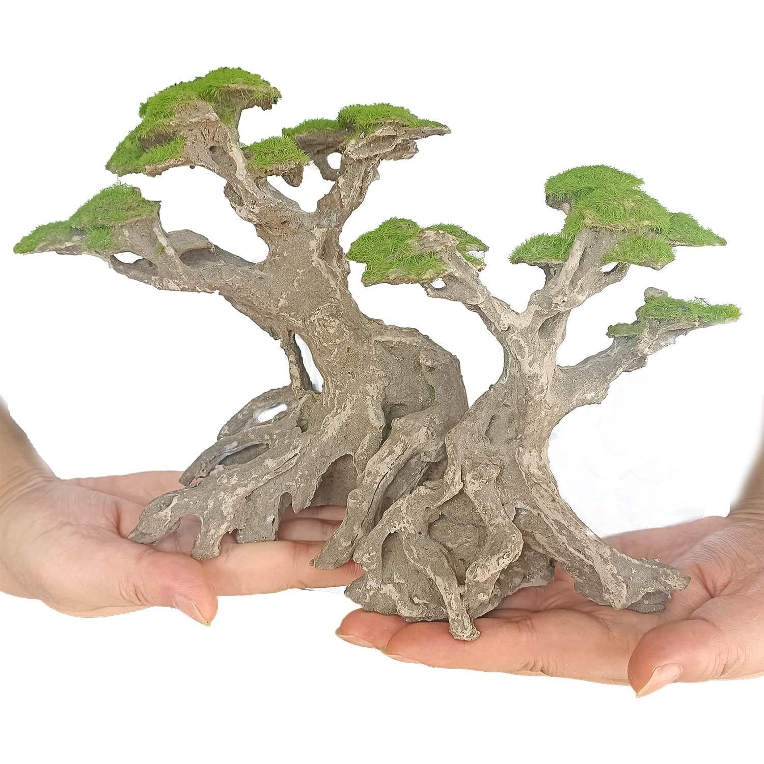 Novelsite Fish Tank Decor- Bonsai Trees with Faux Moss- Aquarium Rocks Aquascaping- Made of Sandstone, Goldfish Betta Fish Tank Decorations Hides Accessories