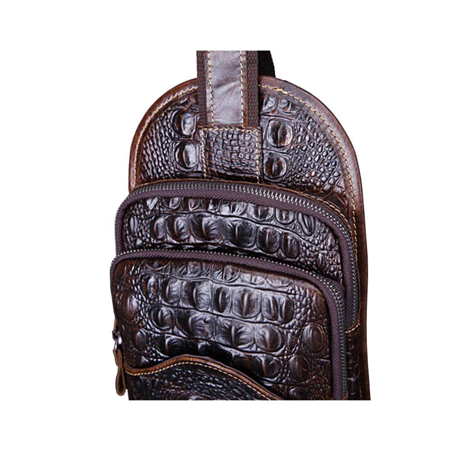 Hebetag Crocodile Genuine Leather Sling Crossbody Bag for Men Travel Outdoor Hunting Hiking Camping Shoulder Chest Pack Backpack Daypack Coffee