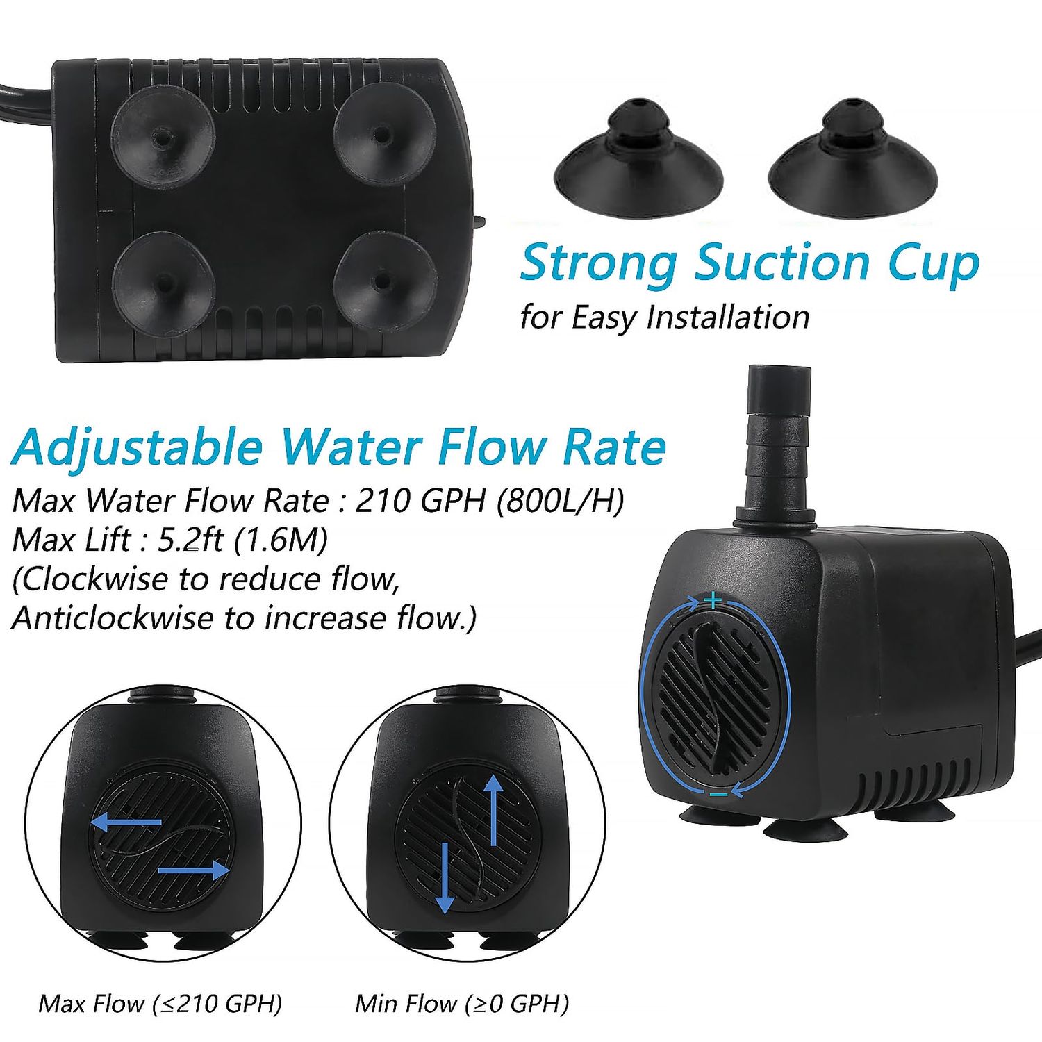 AITIAO 15W 220 GPH Submersible Fountain Water Pump Ultra Quiet Adjustable Pump (800L/H) with 12 Colorful Automatic Color Changing LED Lights for Water Feature Aquarium fish tanks Outdoor Fountain
