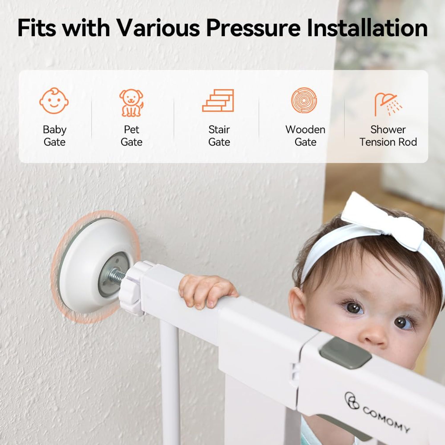 COMOMY 4 Pack Baby Gate Wall Protector, Safety Child Gate Extender Wall Cups, Baby Gate Wall Guard for Protect Walls & Doorways from Pet & Dog Gates, Pressure Mounted Gates Extension Kit, White