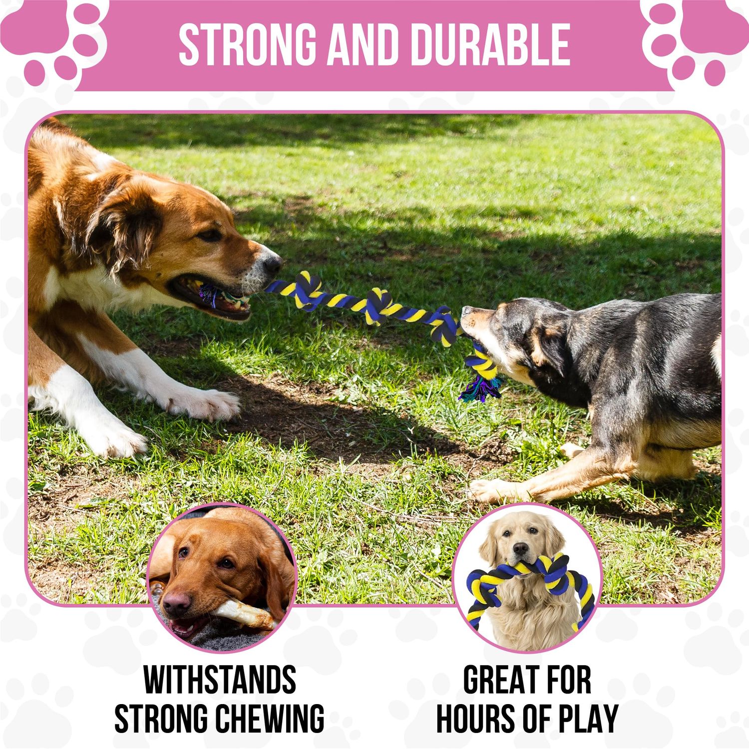 Petfecta- Dog Chew Toys - Indestructible Dog Toy for Aggressive Chewers, Natural Cotton Material, Promotes Dental Health, Extra Long & Durable, Indoor & Outdoor Play, Bright Yellow & Blue