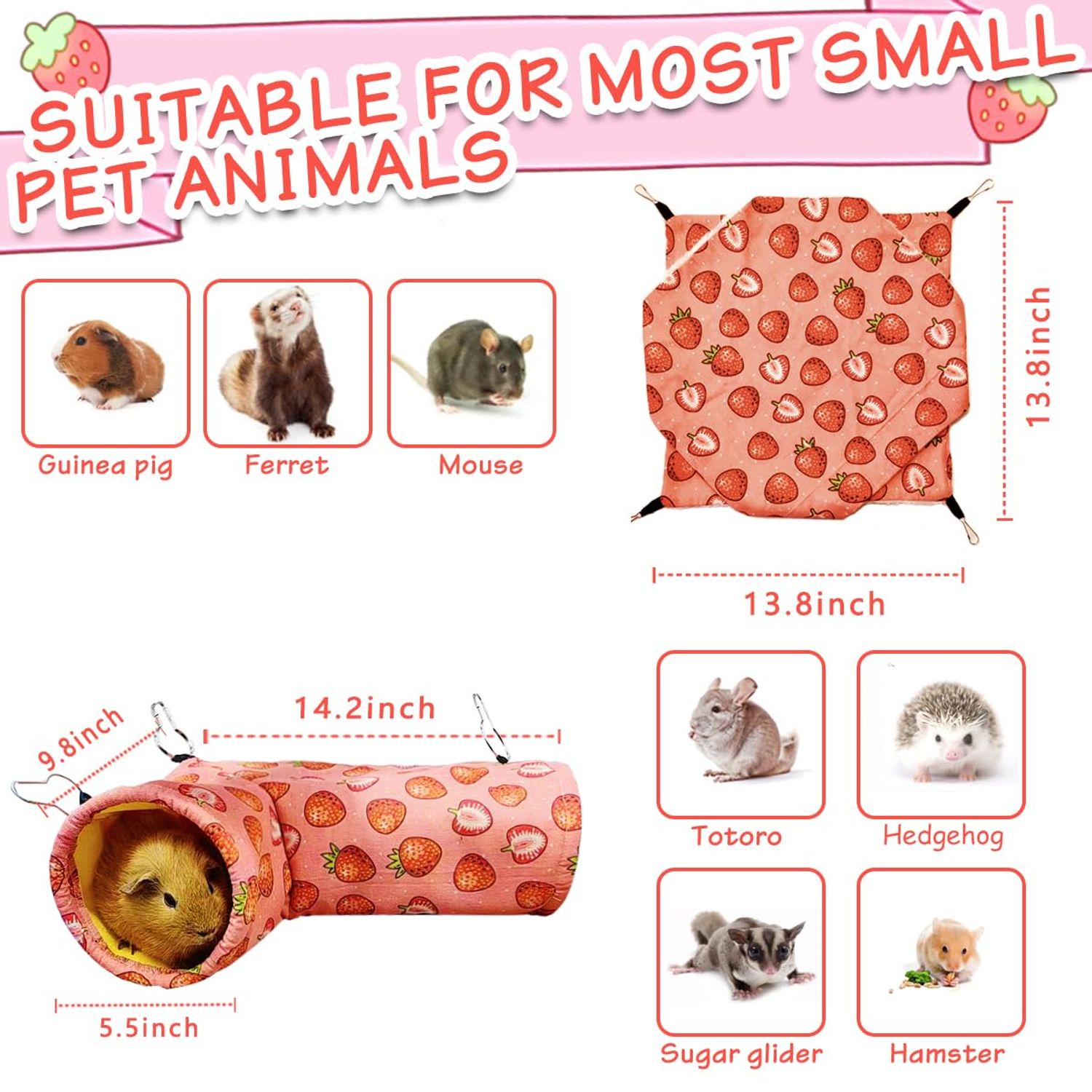 LEFTSTARER Pet Small Animal Hanging Hammock Ferret Bunkbed Cage Toy for Hamster Rat Sugar Glider Parrot Guinea Pig Hideout Play Sleep (Strawberry)