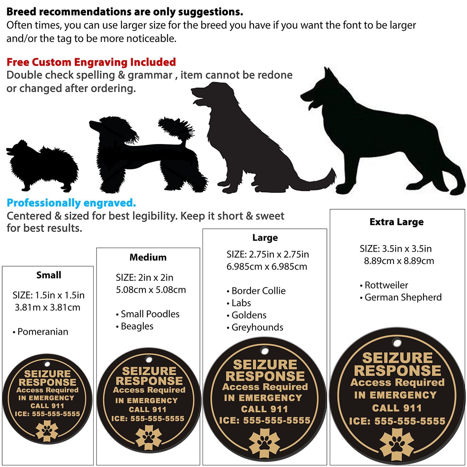 My Identity Doctor Seizure Response Service Dog ID Tag Custom Engraved Round Plastic - Gloss Black - Small
