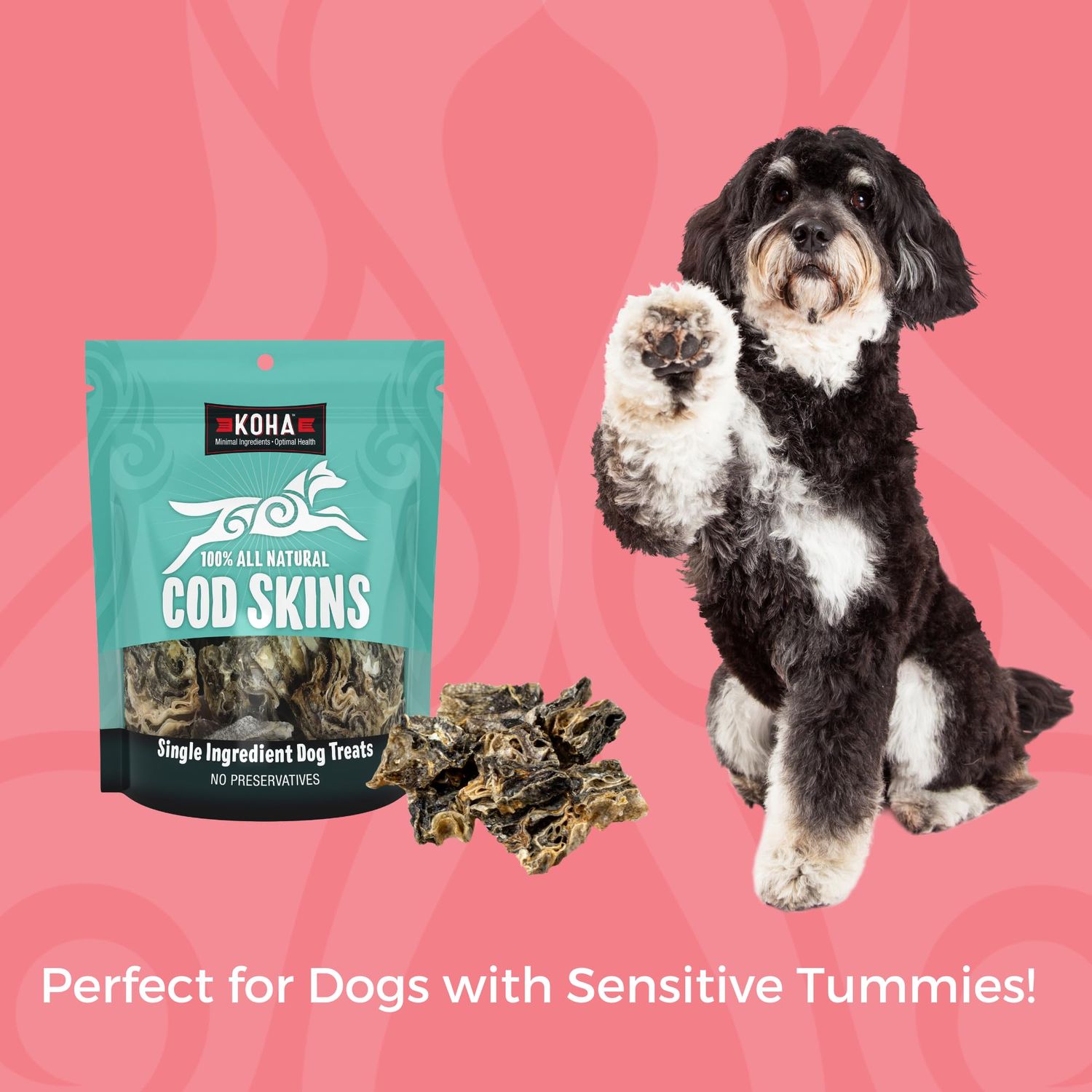 KOHA Cod Skins Single Ingredient Dog Treats, Air Dried Natural Fish Dog Treats, 2.5 oz