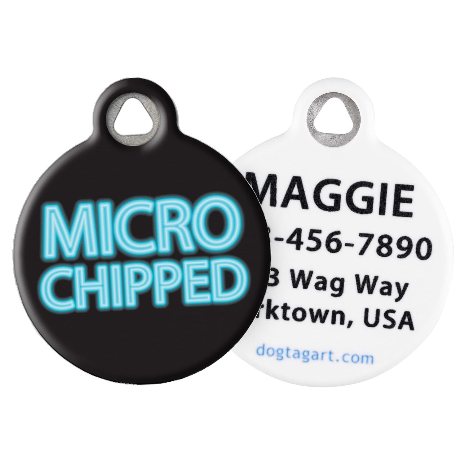 Dog Tag Art Microchipped Medical Alert Personalized Pet ID Tag for Dogs and Cats, Silent Polymer Coated Stainless Steel Nametag with Customized Identification Information - Large 1.25" Diameter