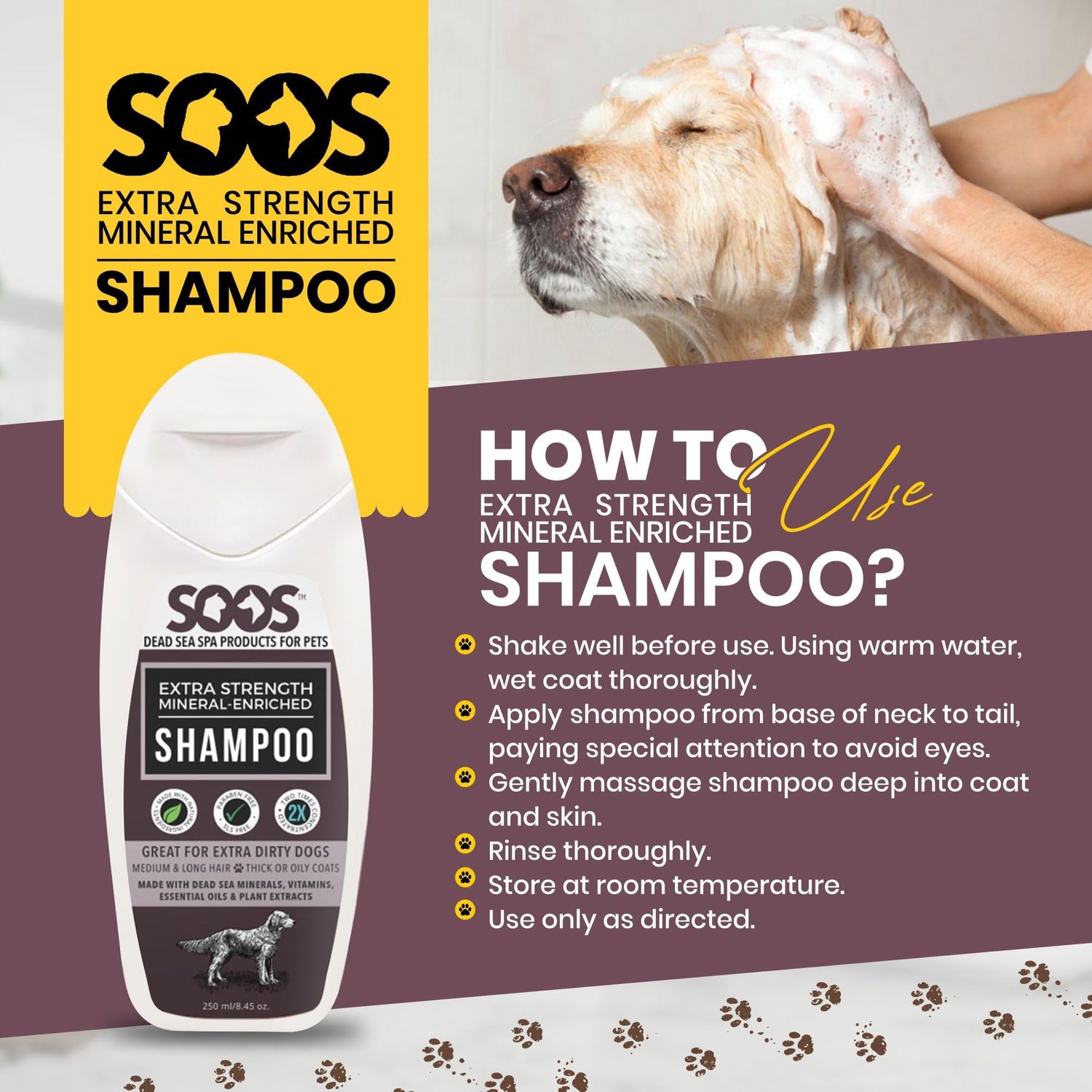 Soos Pets Shampoo Extra Strength for Cat and Dog Shampoo Natural Dead Sea Mineral Enriched Fast Absorbing with Vitamins Essential Oils Natural Ingredients Antib-acterial - 1x 250ml