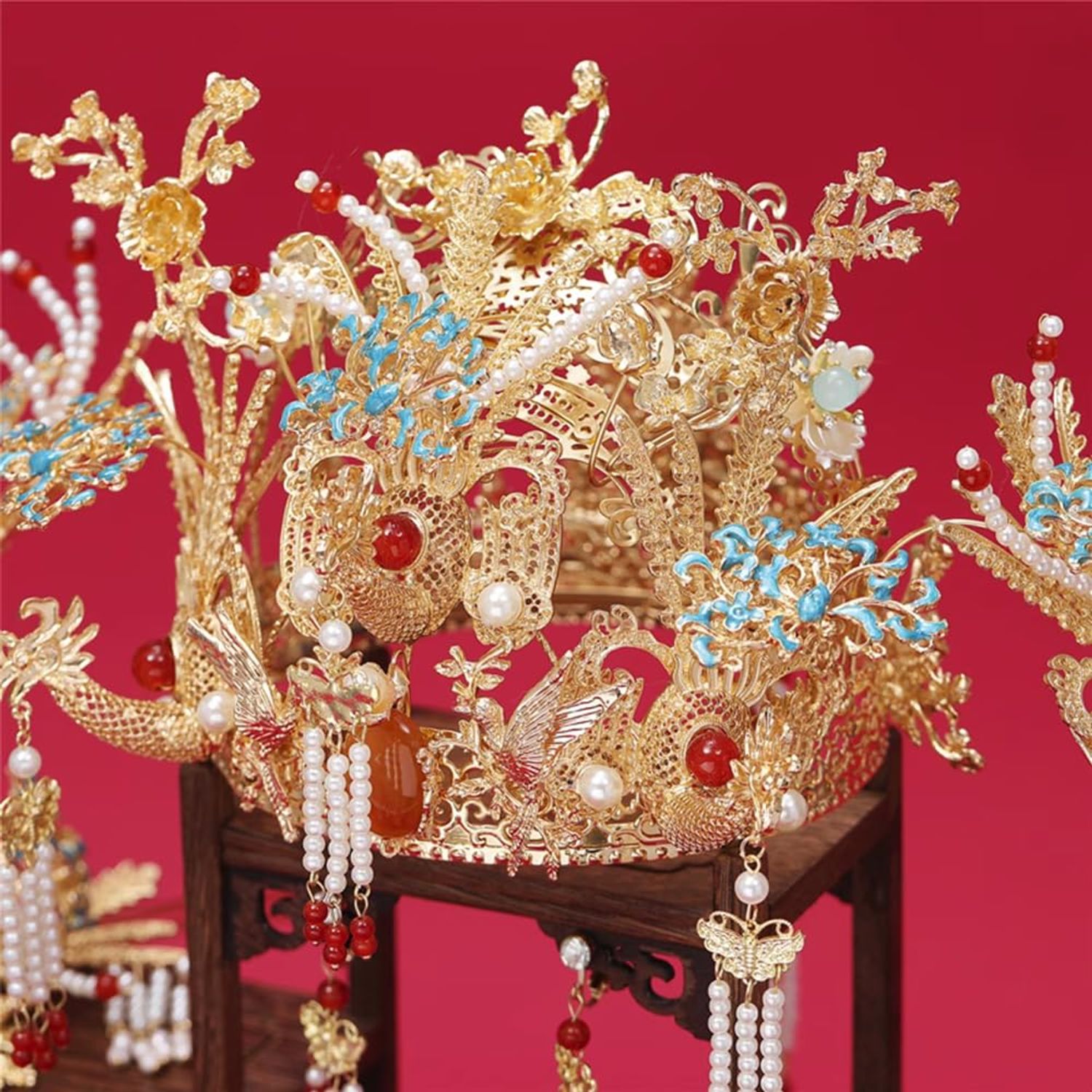 Getrelax Chinese Wedding Bride Hair Accessory Chinese Crown Wedding Hair Accessories Golden Flower Floral Beaded Flapper Headband Jeweled Bridal Wedding Tiara (Phoenix)