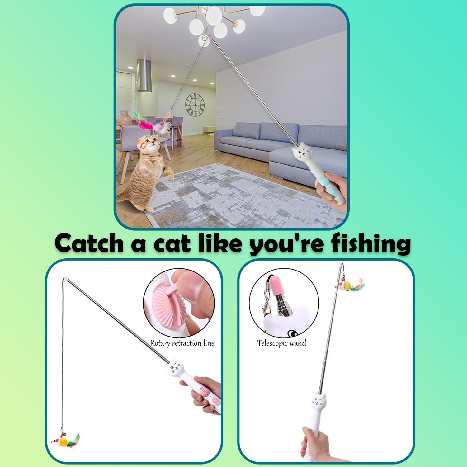 Cat Toys for Indoor Cats Retractable Cat Wand, with Feather & Mice, 3-in-1 Laser Pointer Interactive Cat Toy, 5 Modes, Kitten Toy for Indoor Cat and Dog (Green)