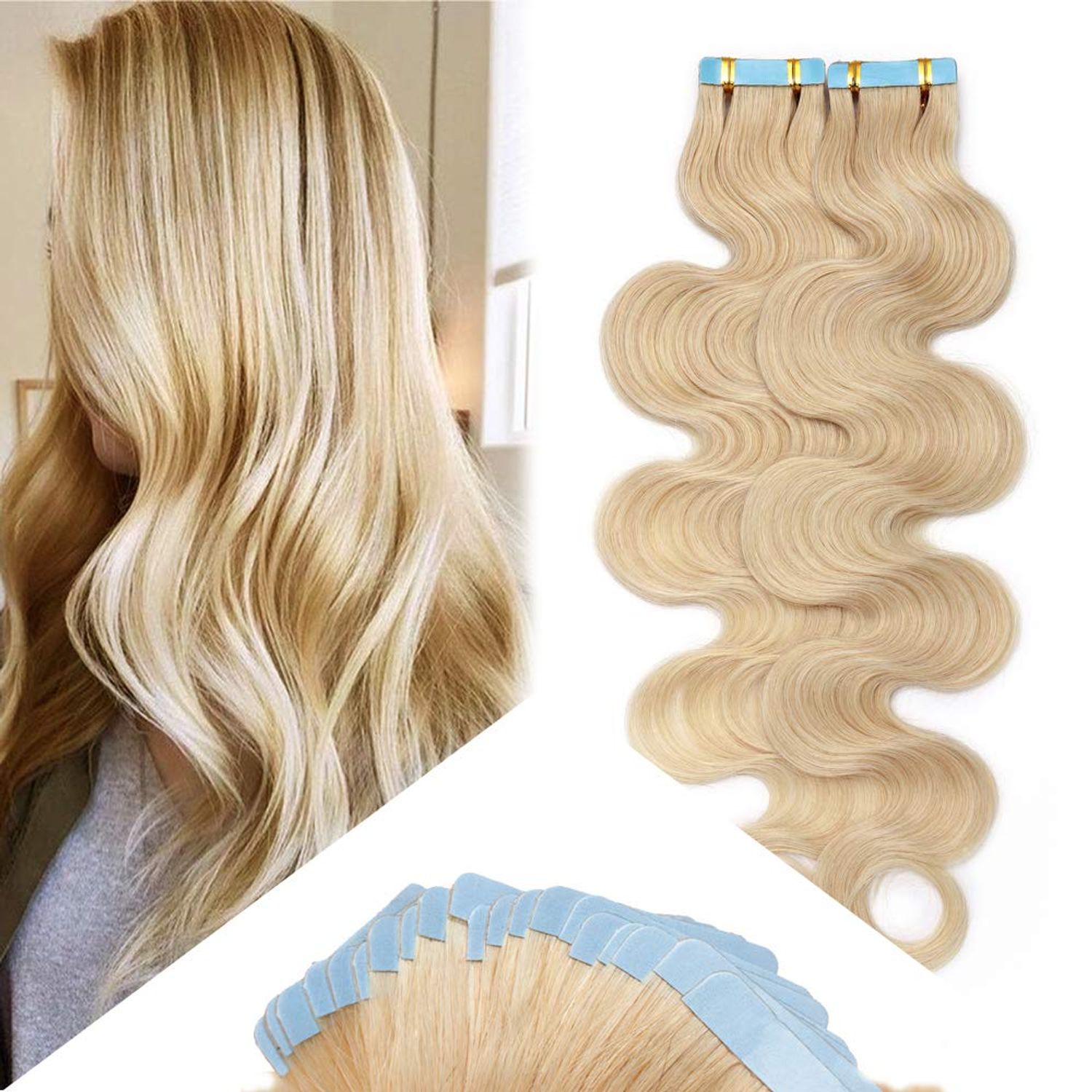 Hairro 18 Inch Tape in Hair Extensions Wavy Remy Human Hair 40pcs 100g #60 Platinum Blonde Body Wave Seamless Skin Weft Glue in Human Hairpieces with Invisible Double Sided Tape