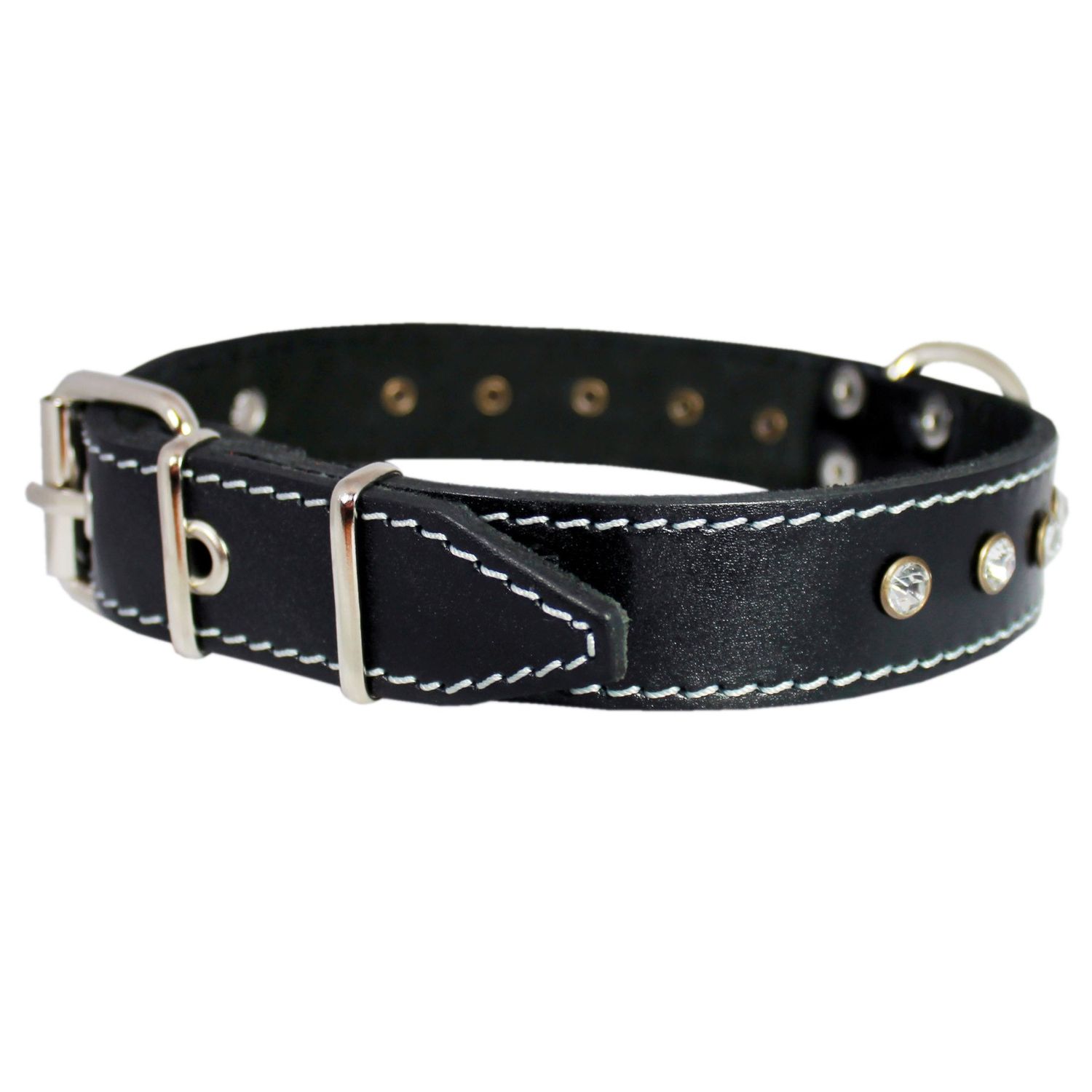 Genuine Black Leather Rhinestone Dog Collar 1"x20" Fits 14"-18" Neck