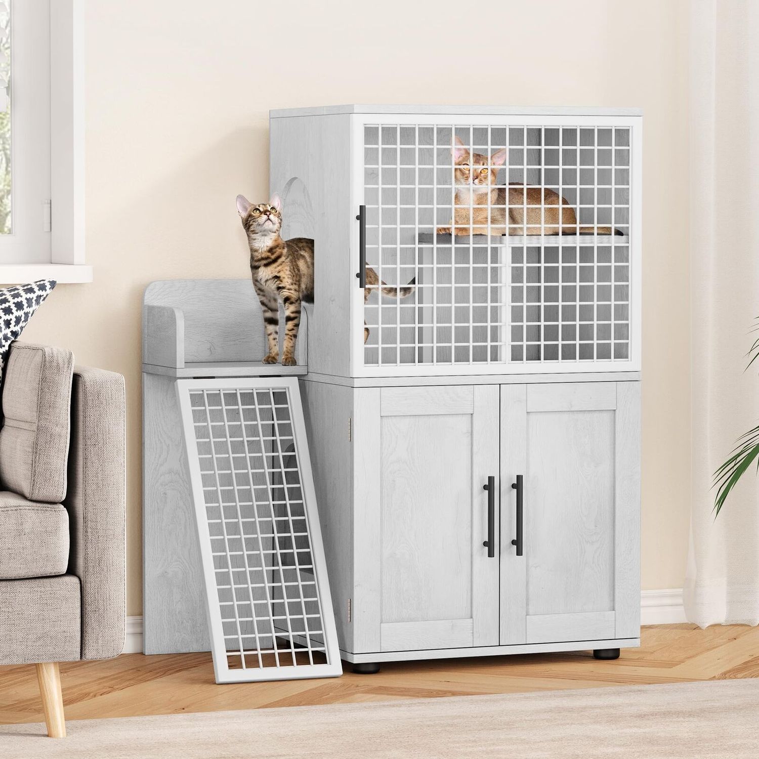 Cat Litter Box  Furniture Hidden Cat Litter Box Enclosure Cat House with Ladder