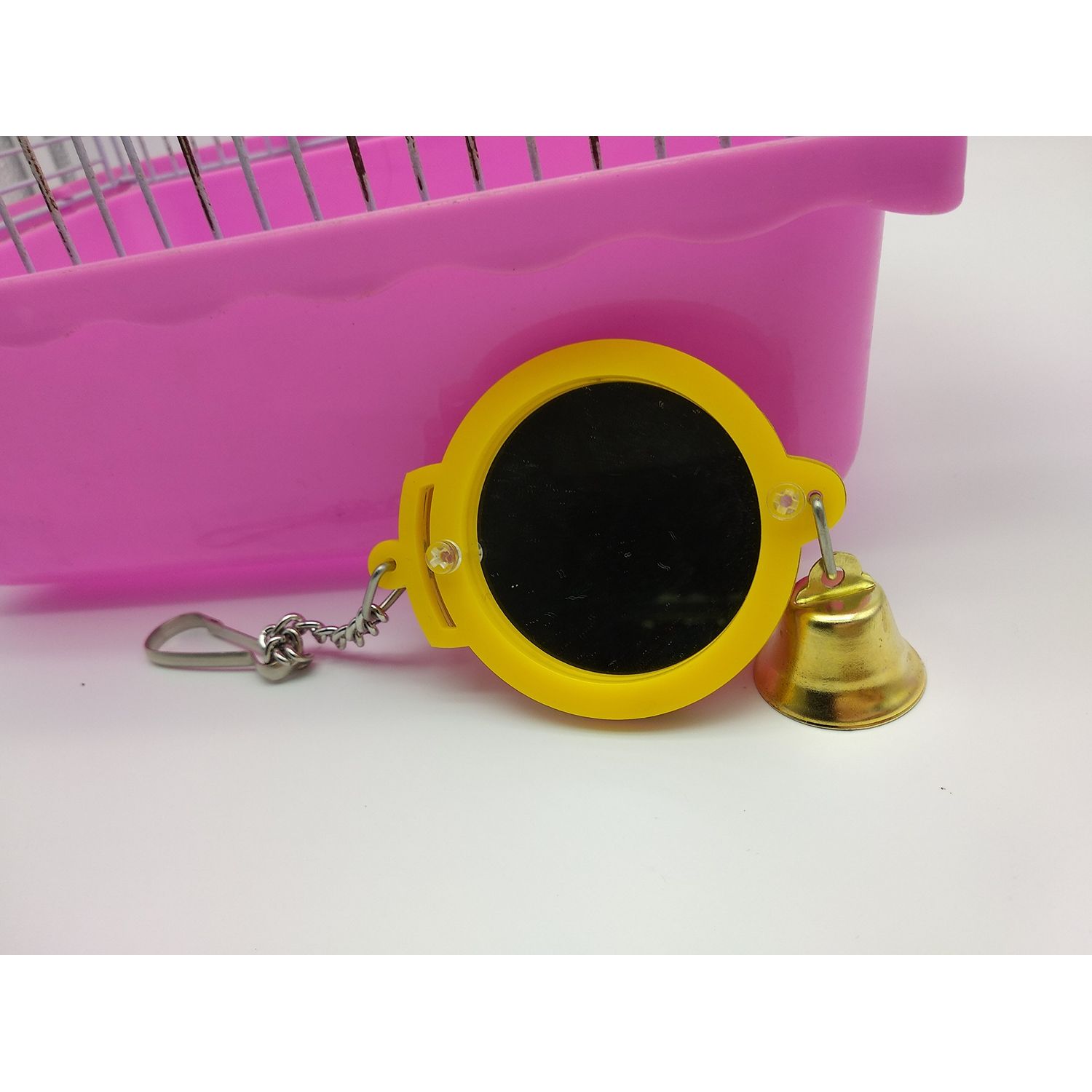 Hypeety Pet Bird Mirror with Bell Interactive Treat Puzzle Parrot Toy Bird Cage Mirror Small Bird Swing Chew Toys Fun Cage Accessories (Color Random) (Round Shape)