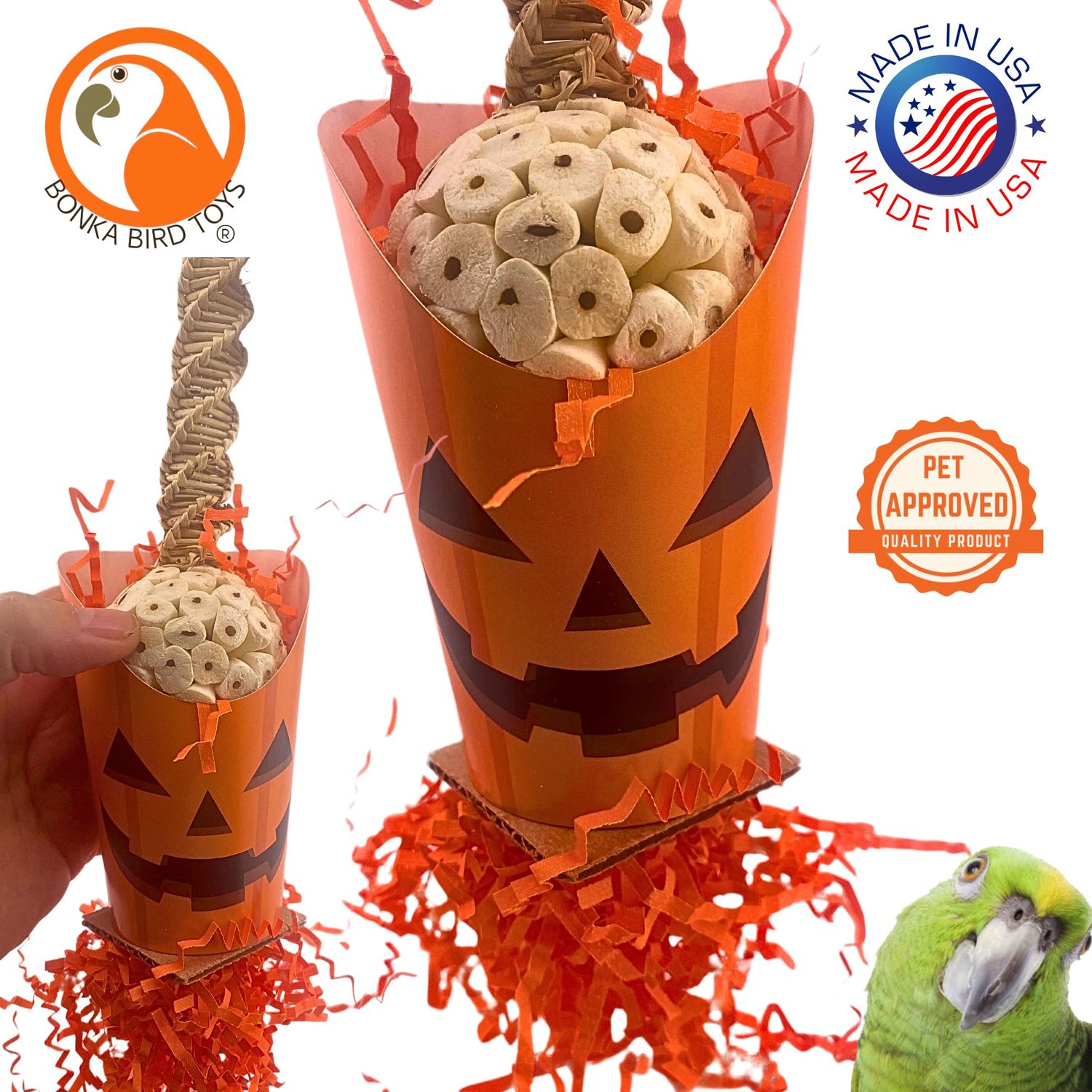 Bonka Bird Toys Halloween Ghoulish Treat Cups Sola Atta Chew Shred Parrot Cage Toy, Conure, Ringneck, Quaker, Cockatiel, and Similar Breed Sizes (2705 Pumpkin)